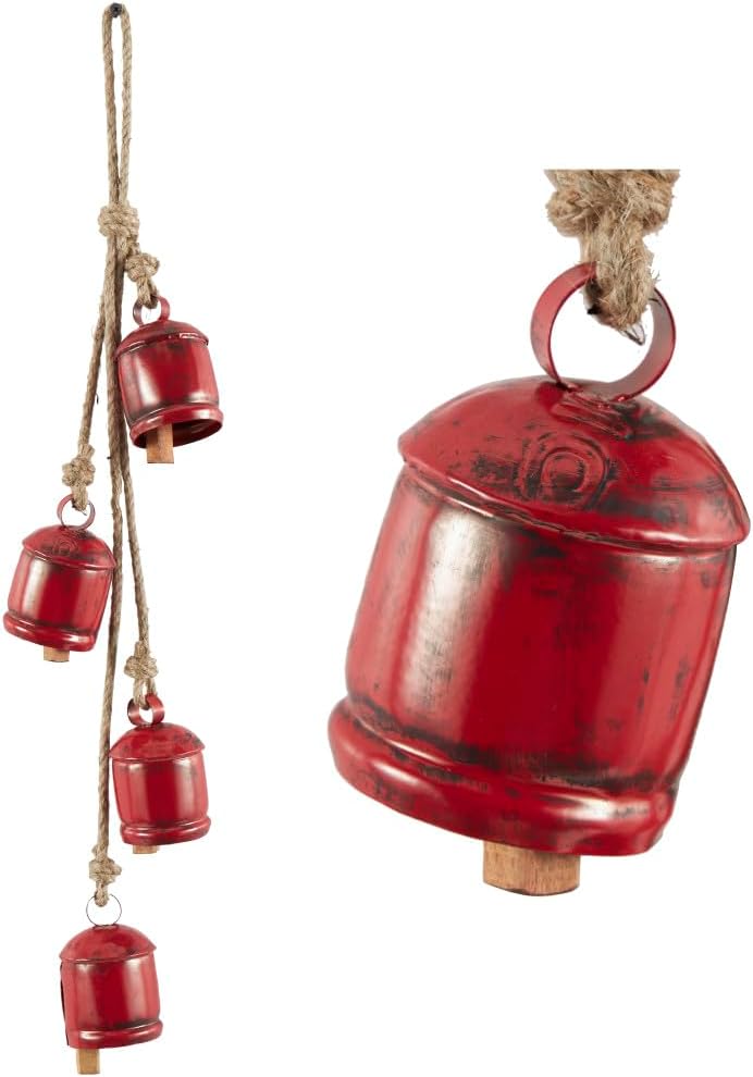 Deco 79 Metal Tibetan Inspired Decorative Cow Bells with 4 Bells on Jute Hanging Rope, 4 x 3 x 29, Red