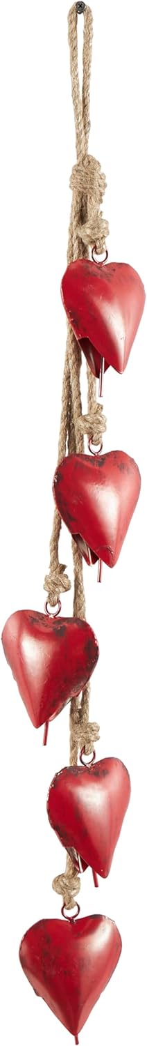 Deco 79 Metal Heart Tibetan Inspired Decorative Cow Bells with 5 Bells on Jute Hanging Rope, 4 x 2 x 35, Red