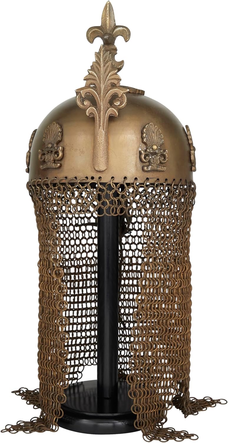 Deco 79 Metal Medieval Ottoman Islamic Chainmail Helmet with Black Wood Stand and Chainmail, 8 x 9 x 20, Brass