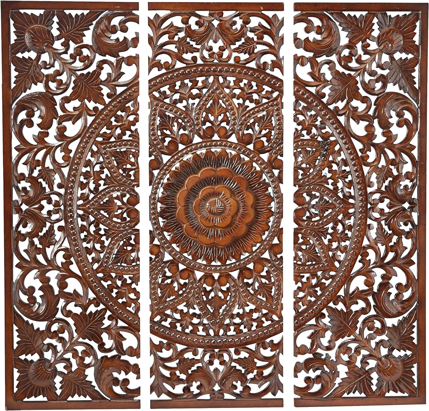 Deco 79 Wooden Floral Handmade Intricately Carved Wall Decor with Mandala Design, Set of 3 16 W, 48 H, Brown