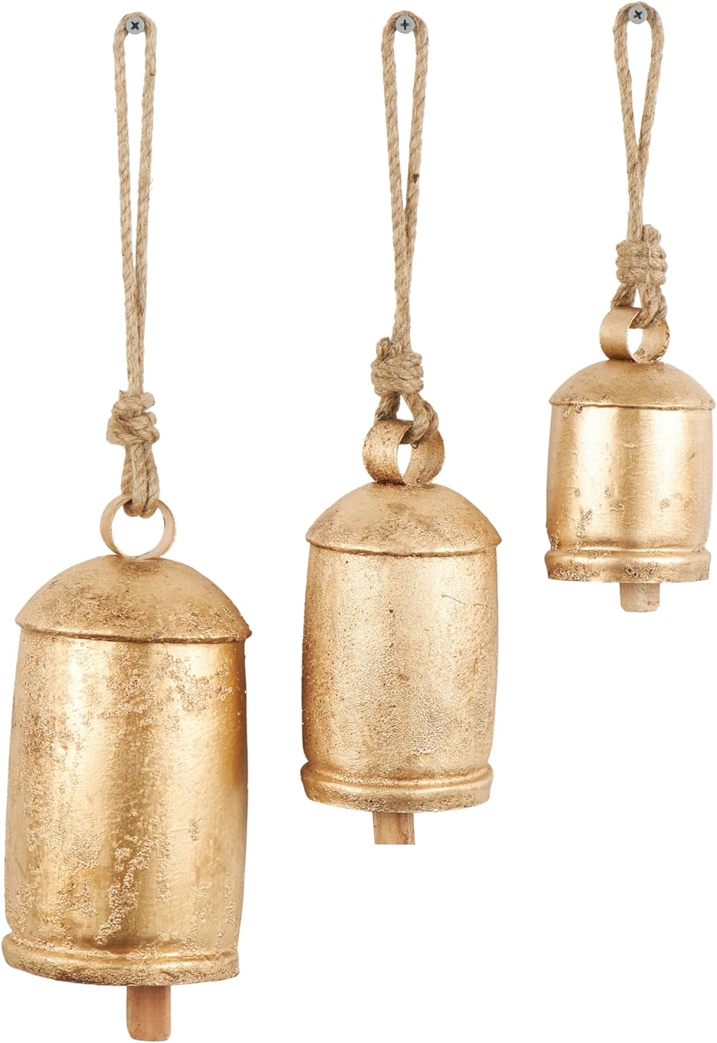 Deco 79 Metal Tibetan Inspired Meditation Decorative Cow Bell with Jute Hanging Rope, Set of 3 10,8,6H, Gold