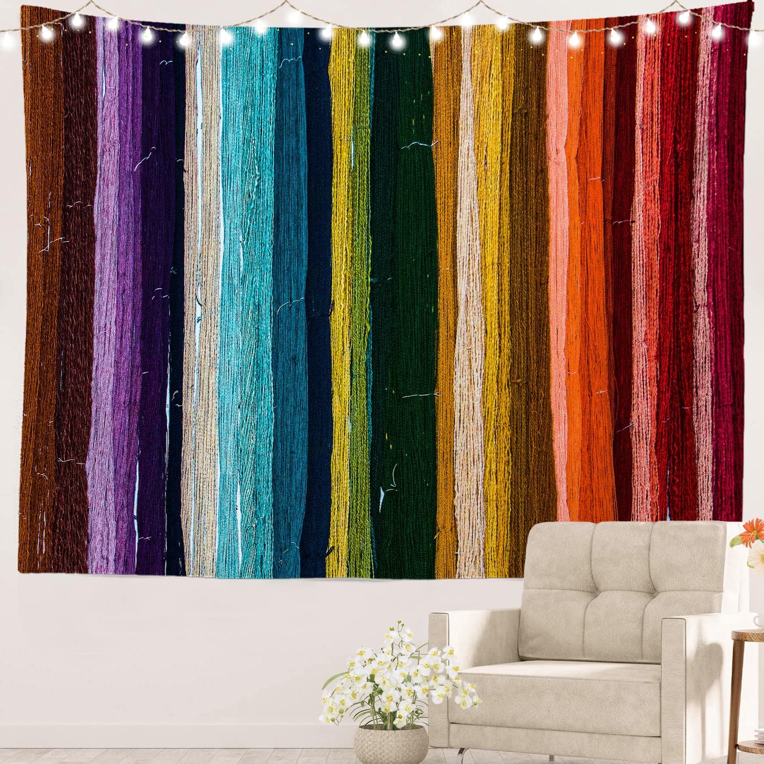 Batmerry Solid Color Wood Texture Vintage Tapestry, Dyed Colored Yarn Wall Bunches Forming Rainbow Pattern Wall Art Hanging Tapestry Decoration for Bedroom Living Room Dorm Dcor (59.1X82.7 Inches)