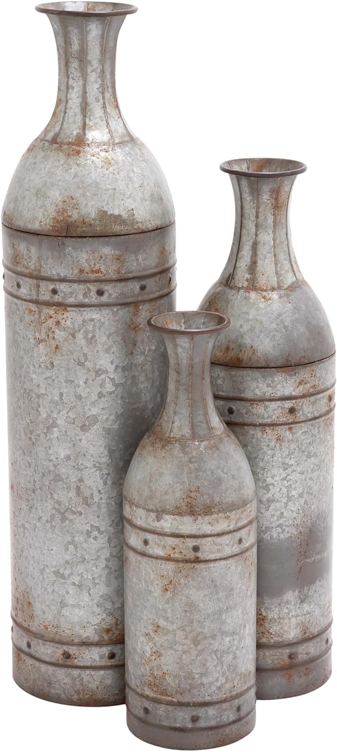 Deco 79 Metal Tall Galvanized Floor Vase with Studs, Set of 3 43, 33, 25H, Gray