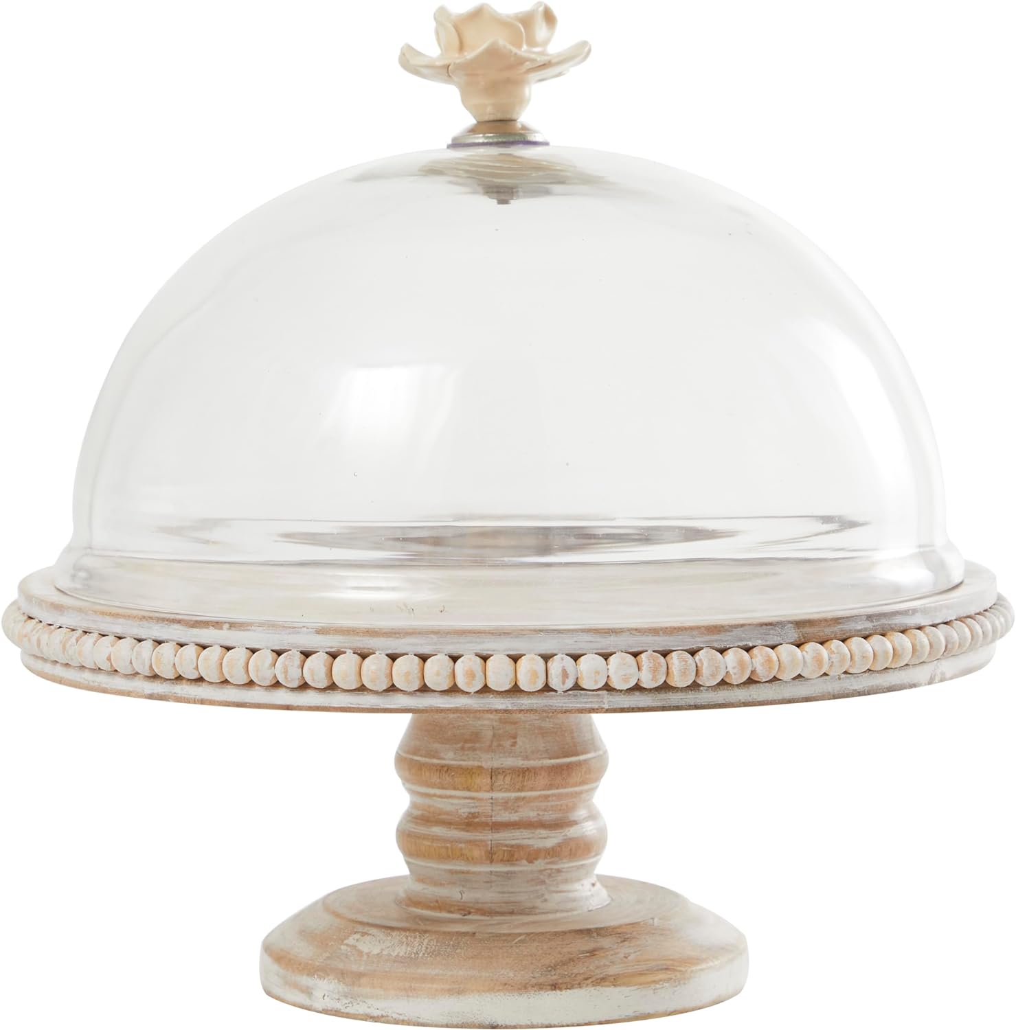 Deco 79 Mango Wood Cake Stand with Glass Dome, 12 x 12 x 12, Cream