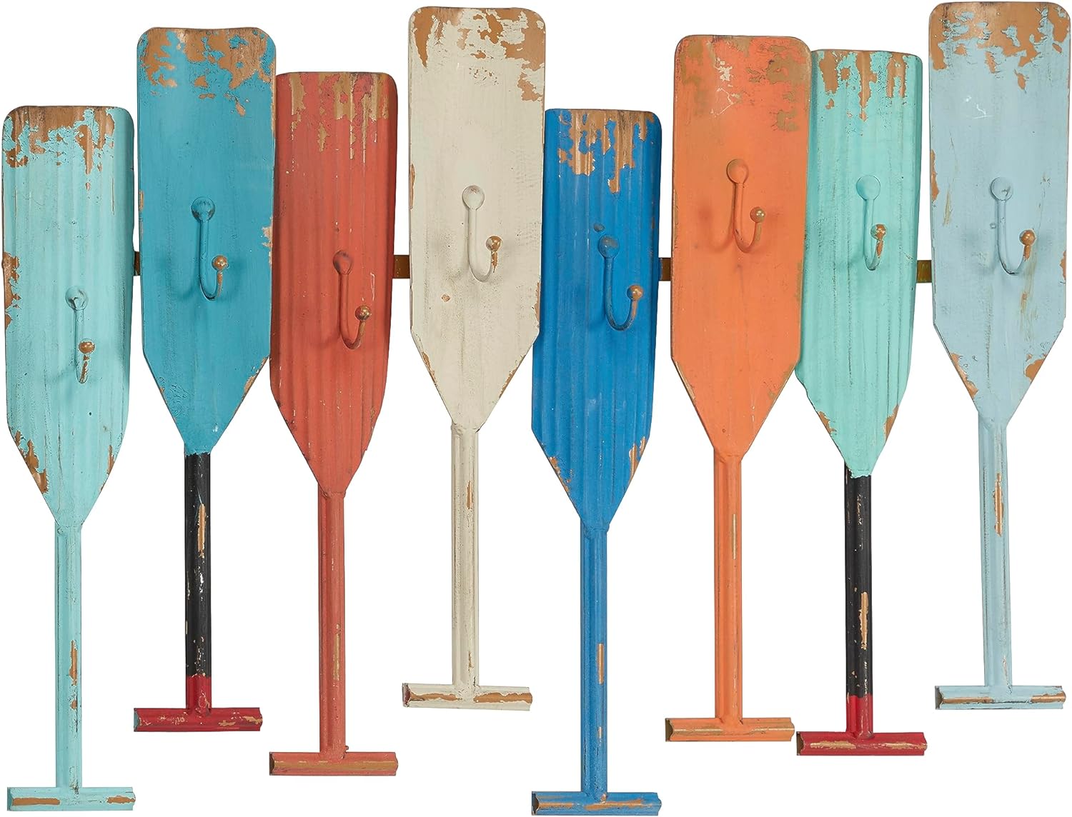 Deco 79 Metal Paddle Indoor Outdoor Distressed Oar Shaped 8 Hooks Wall Hook, 26 x 1 x 20, Multi Colored