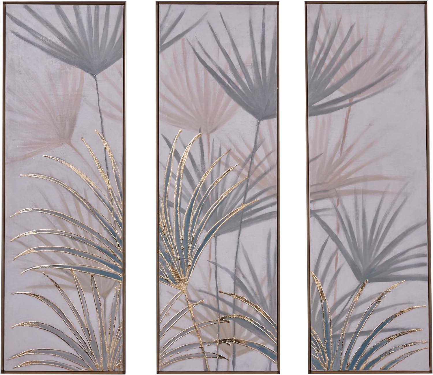 Deco 79 Canvas Leaf Handmade Palm Framed Wall Art with Gold Frame, Set of 3 16W, 47H, Brown