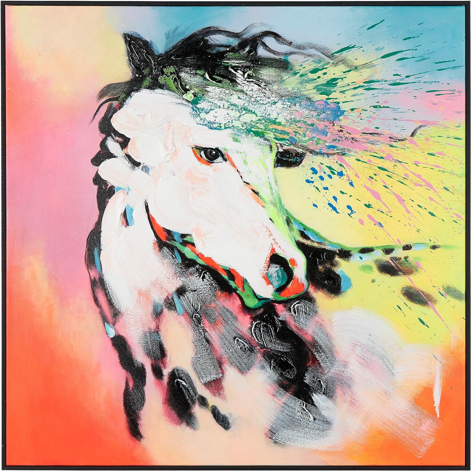 Deco 79 Canvas Horse Abstract Paint Splatter Framed Wall Art with Black Frame, 32 x 2 x 32, Multi Colored