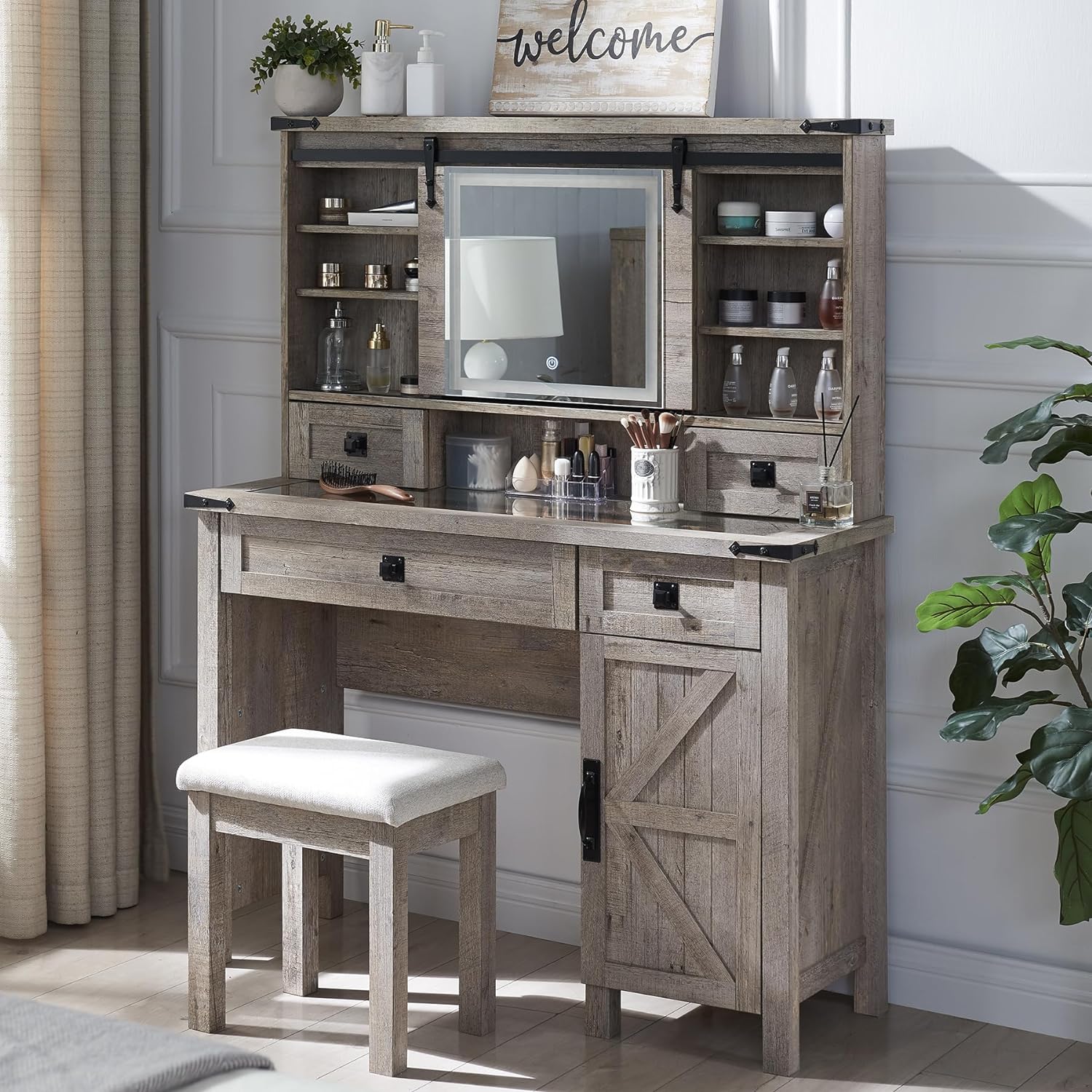 T4TREAM Farmhouse Makeup Vanity Desk with Sliding Mirror and Lights, 42'' Glass Tabletop Vanity Table with 2 Drawers & Shelves, Rustic Big Vanity Set for Bedroom, Stool Included, Light Rustic Oak