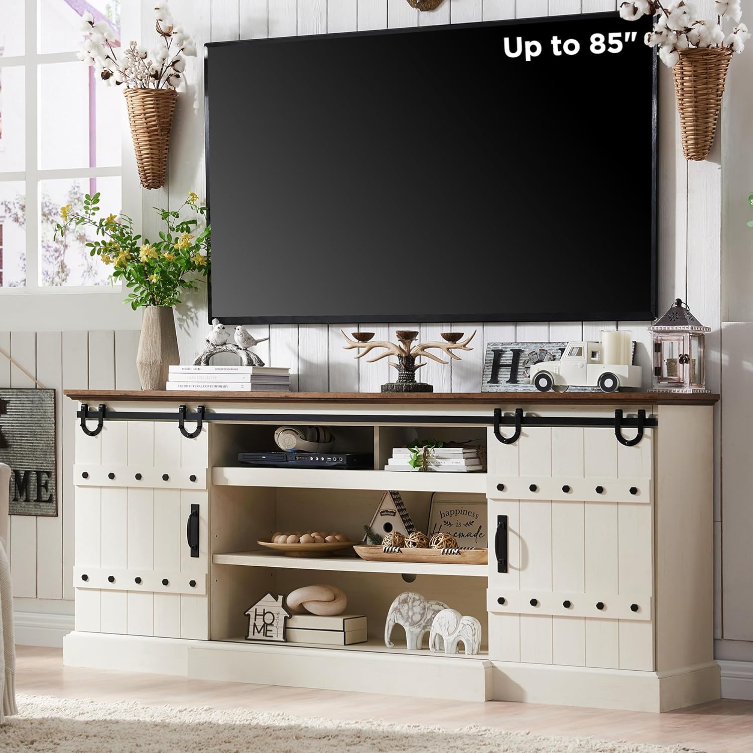 OKD Farmhouse 75 TV Stand for 80 85 Inch TV, Rustic Media Console Table with Sliding Barn Door, Large Highboy Entertainment Center with Storage Cabinet for Living Room, Bedroom, Antique White