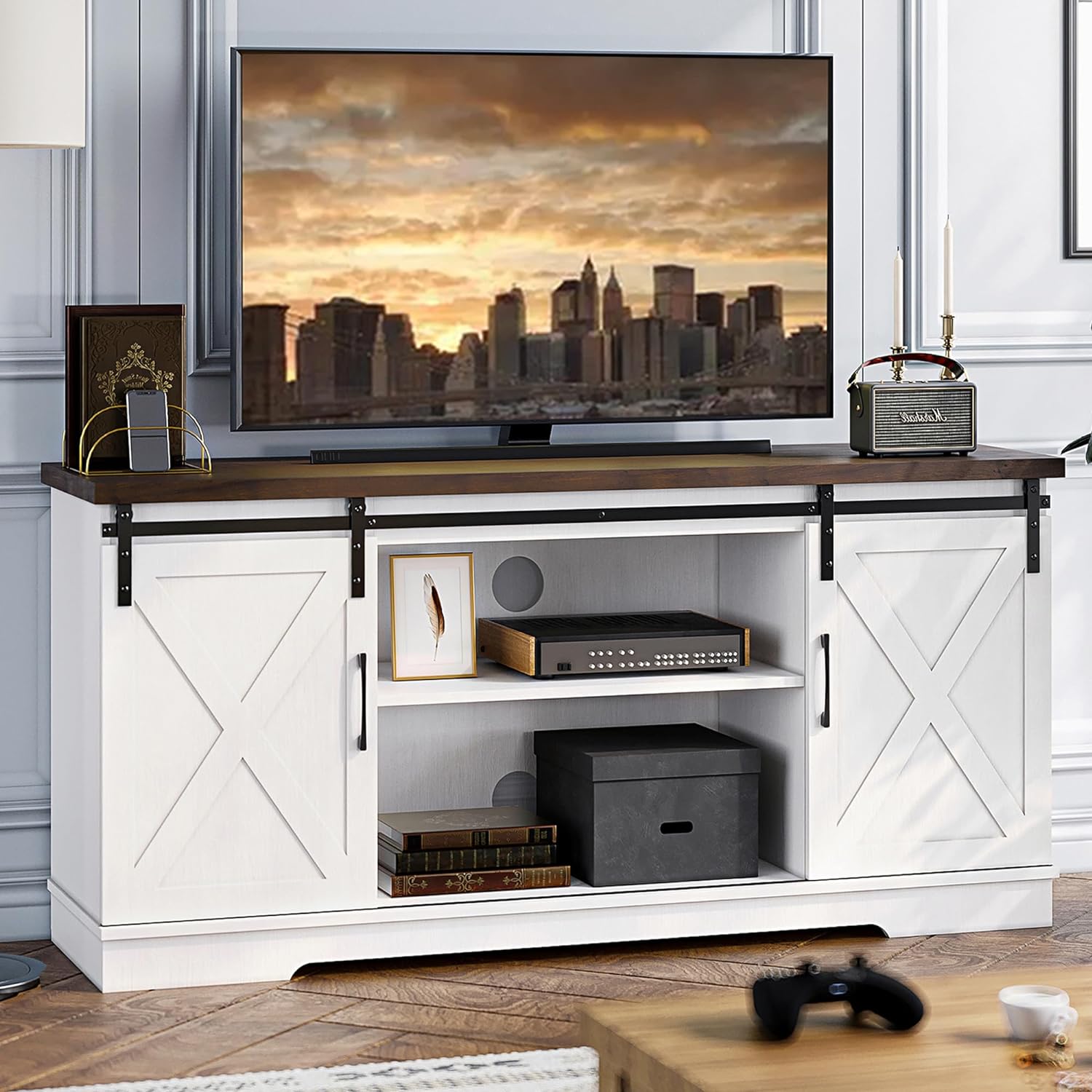 IDEALHOUSE Farmhouse TV Stand, Entertainment Center for 65 Inch TV Media Console Table, White Barn Door TV Stand with Storage and Shelves, Modern TV Console Cabinet Furniture for Living Room