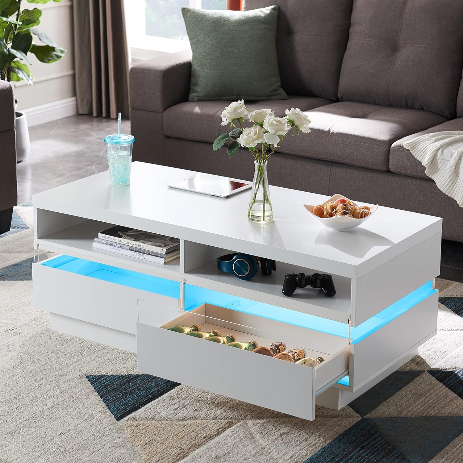 T4TREAM 48 LED Coffee Table with Storage, Modern Center Table with LED Lights & Power Strip, Coffee Table with Drawers for Living Room, Easy Assembly, Solid White