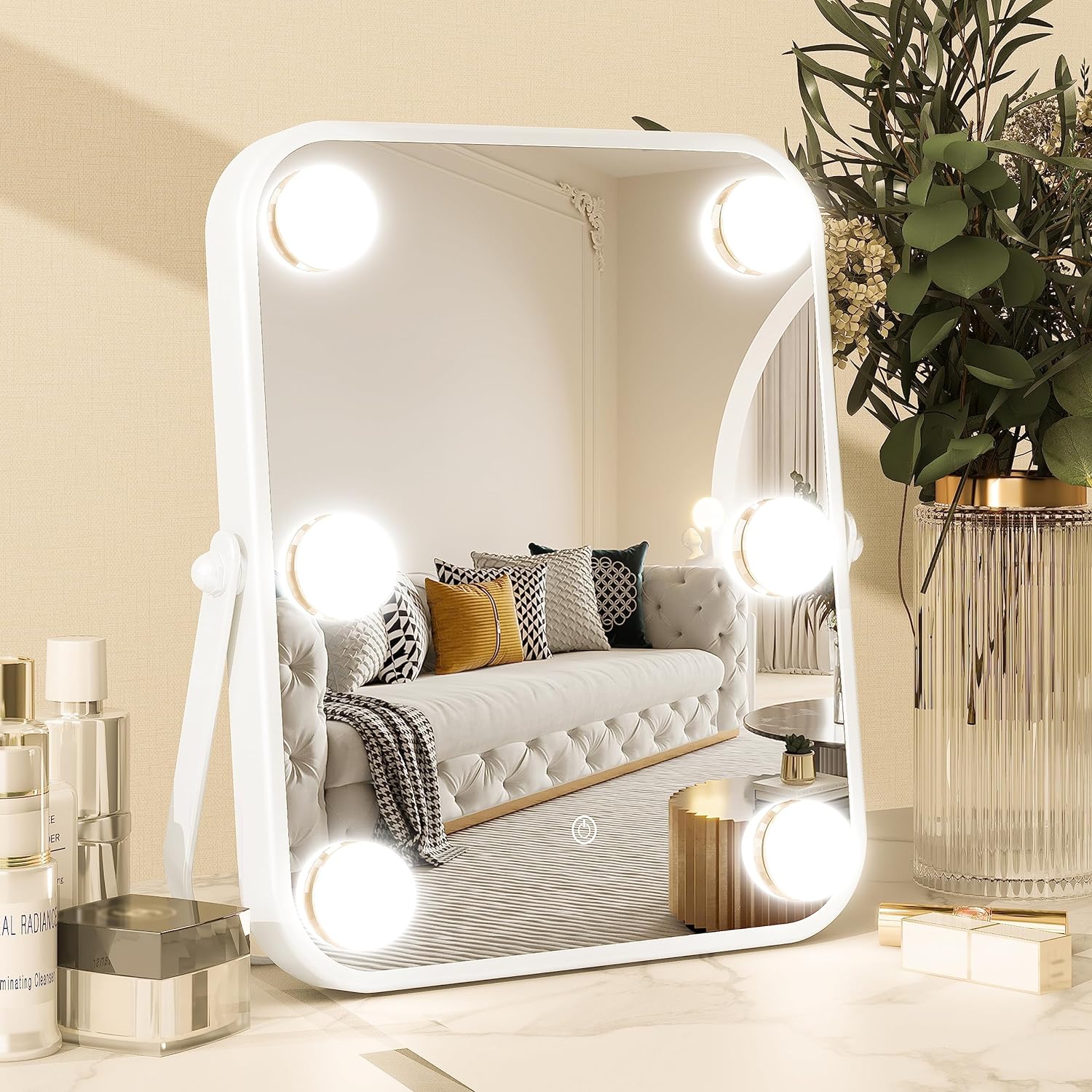 Vanity Mirror with Lights, Hollywood Makeup Mirror with Light, 10x12 Lighted Desktop Makeup Mirror with 6 Dimmable LED Bulbs, Cosmetic Makeup Mirror with Stand, Smart Touch Control