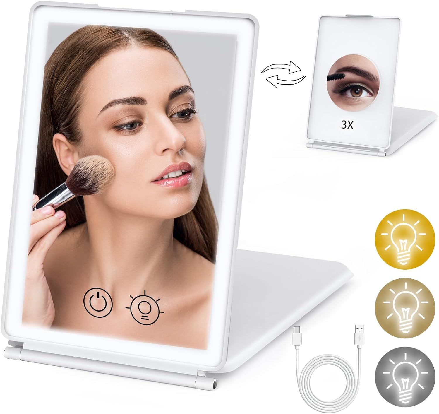 Makeup Mirror with Light, Double Sided Vanity Mirror Built-In 3X Magnifying Mirror, 3 Colors Lighting, Brightness Adjustable, Folding Travel Mirror Portable Makeup Mirror for Cosmetic Travel Gift