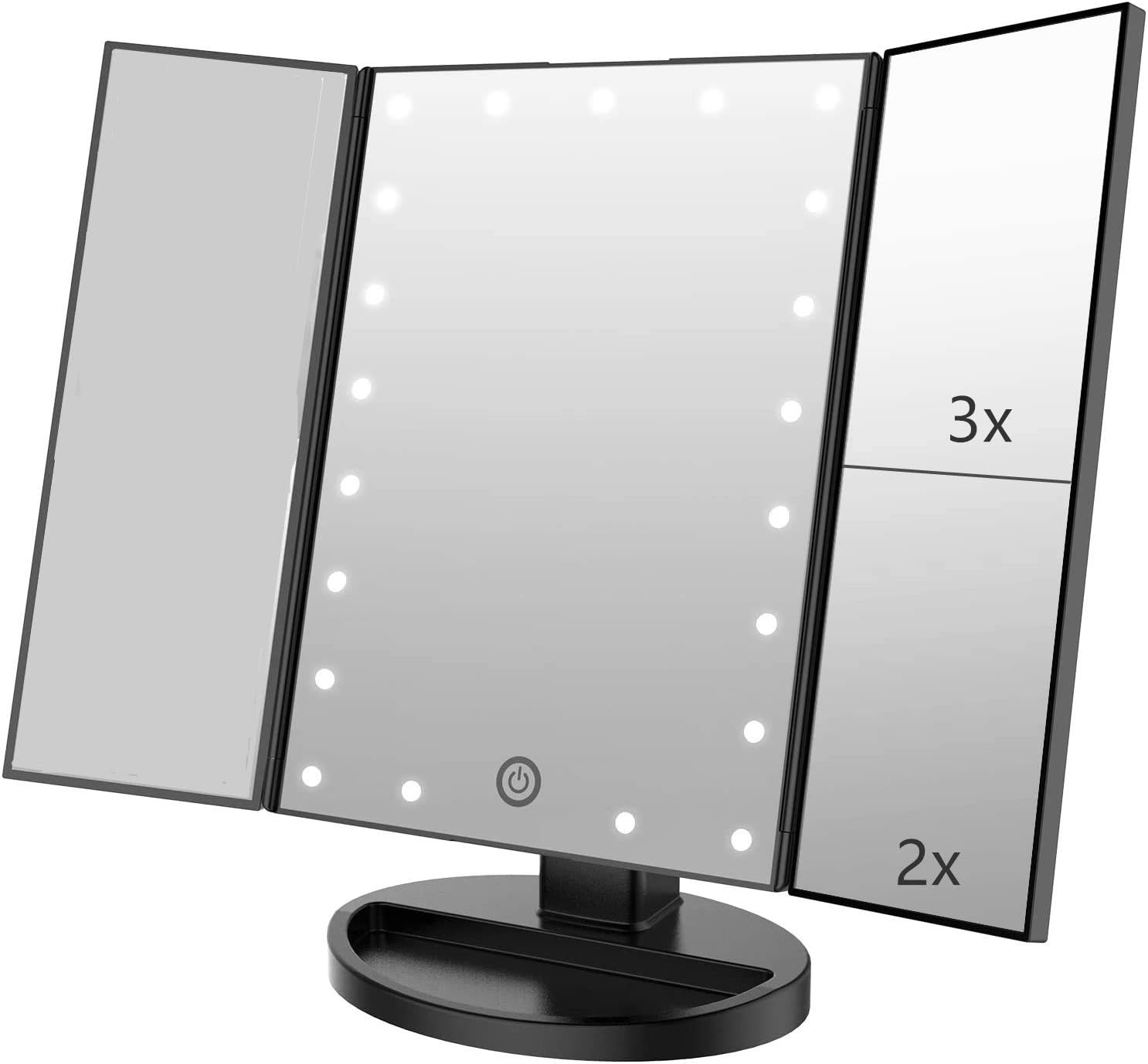 Tri-fold Lighted Vanity Makeup Mirror with 3x/2x/1x Magnification, 21Leds Light and Touch Screen,180 Degree Free Rotation Countertop Travel Cosmetic Mirror (Black)