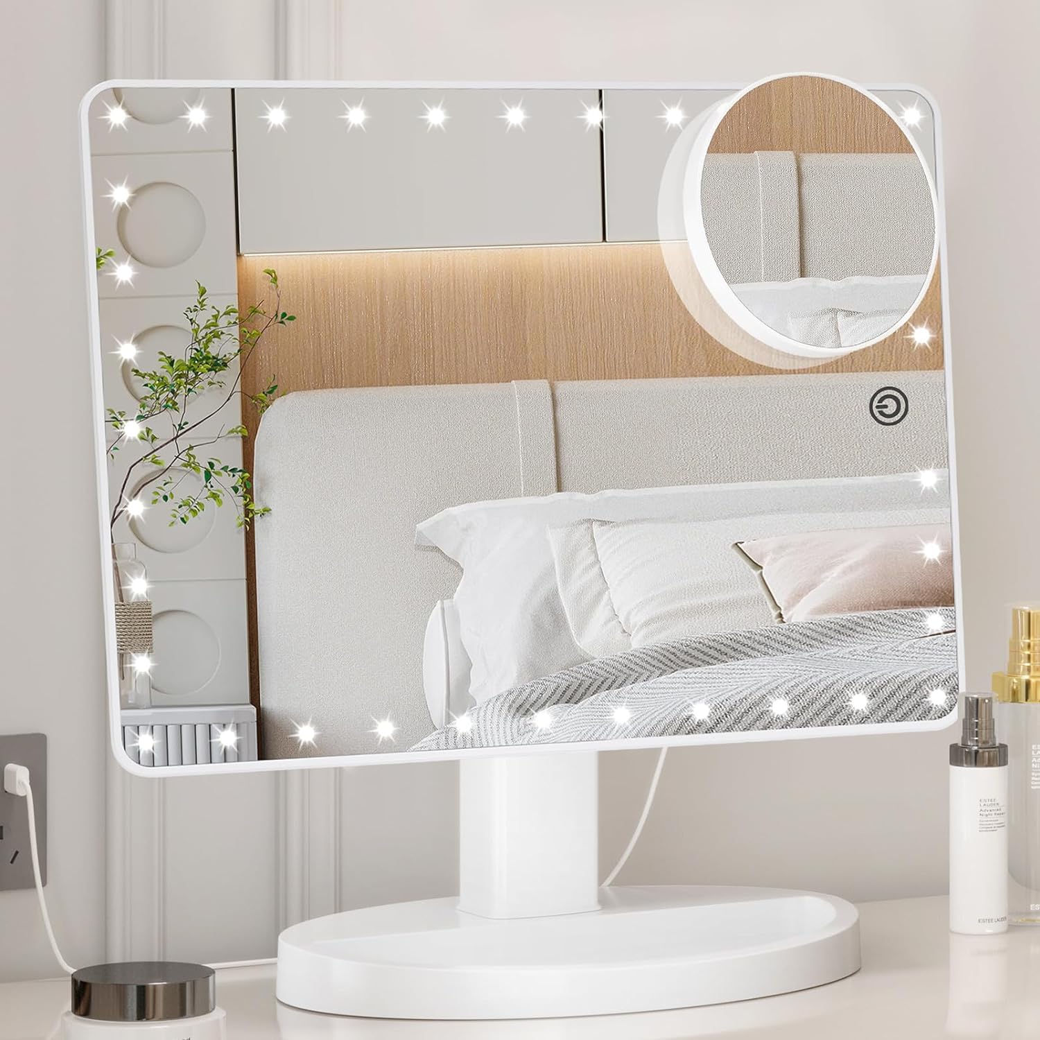 FUNTOUCH Large Lighted Vanity Makeup Mirror (X-Large) with 35 LED Lights, Touch Screen Dimmable and 10X Magnification Dual Power Supply 360Rotation Tabletop Cosmetic Mirror