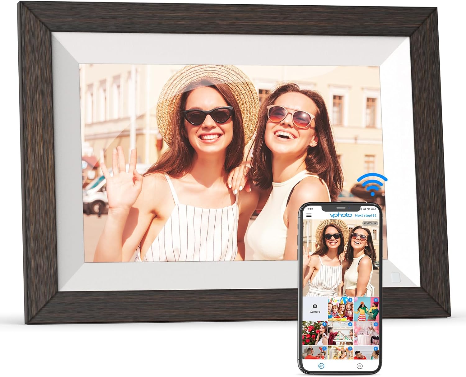 Digital Picture Frame 10.1 inch Electronic Photo Frames - FULLJA 32GB Wood Smart Picture Frame, 1280*800 IPS Digital Photo Album, Touch Screen, Share Photo Video via APP, Funny Gag Gifts for Him/Her