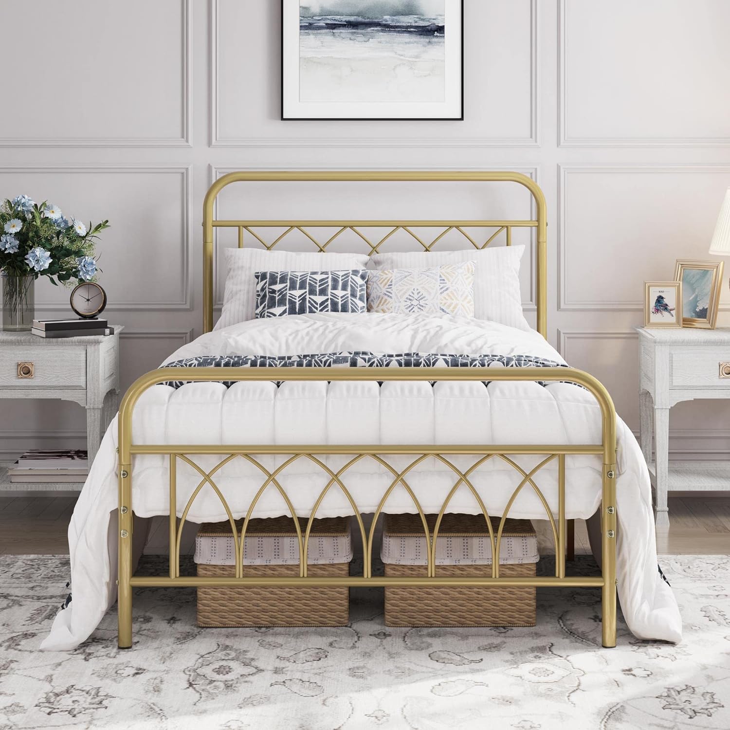 Yaheetech Twin Bed Frame Metal Platform Bed with Petal Accented Headboard/Footboard/14.4 Inch Under Bed Storage/No Box Spring Needed,Antique Gold