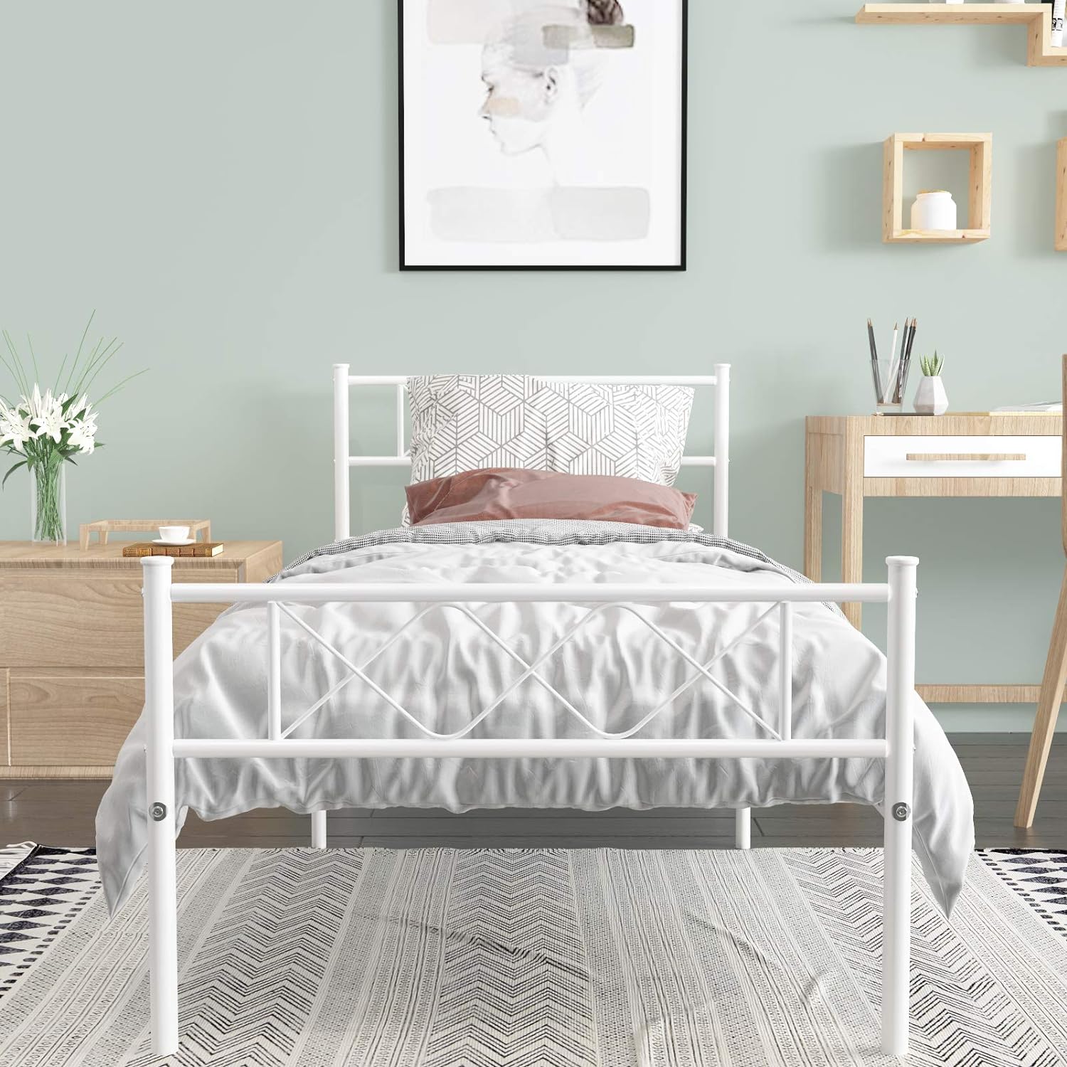 Metal Platform Bed Frame with Two Headboards Mattress Foundation/Slat Support/No Box Spring Needed, White Twin