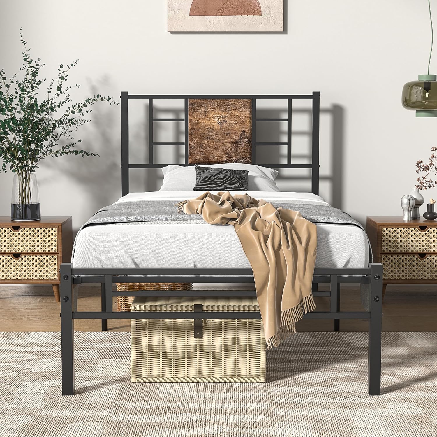 VECELO Twin Size Bed Frame with Headboard, Heavy-Duty Platform with Steel Slats Support, No Box Spring Needed/Easy Assembly, Matte Black & Brown