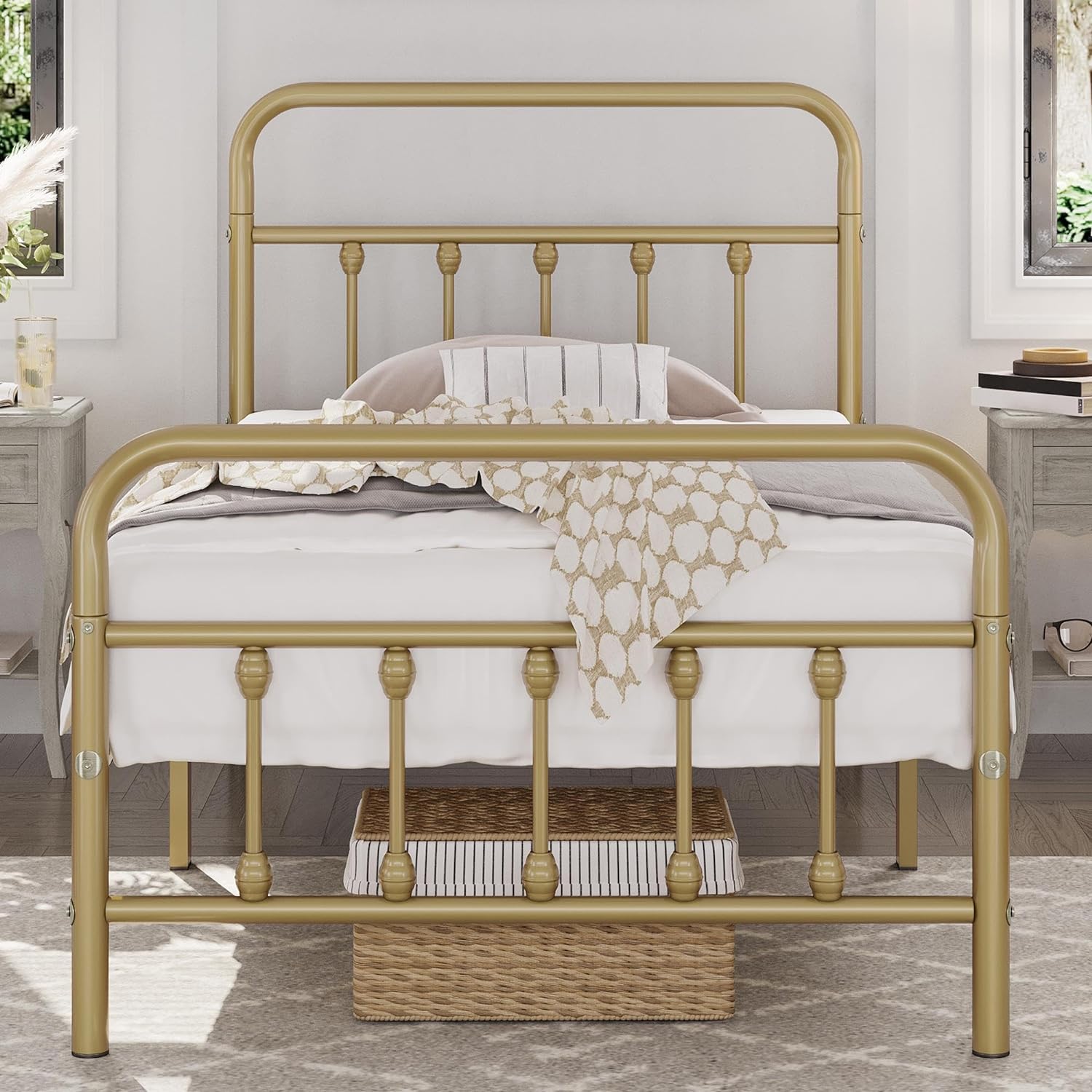 Yaheetech Classic Metal Platform Bed Frame Mattress Foundation with Victorian Style Iron-Art Headboard/Footboard/Under Bed Storage/No Box Spring Needed/Twin Size Antique Gold