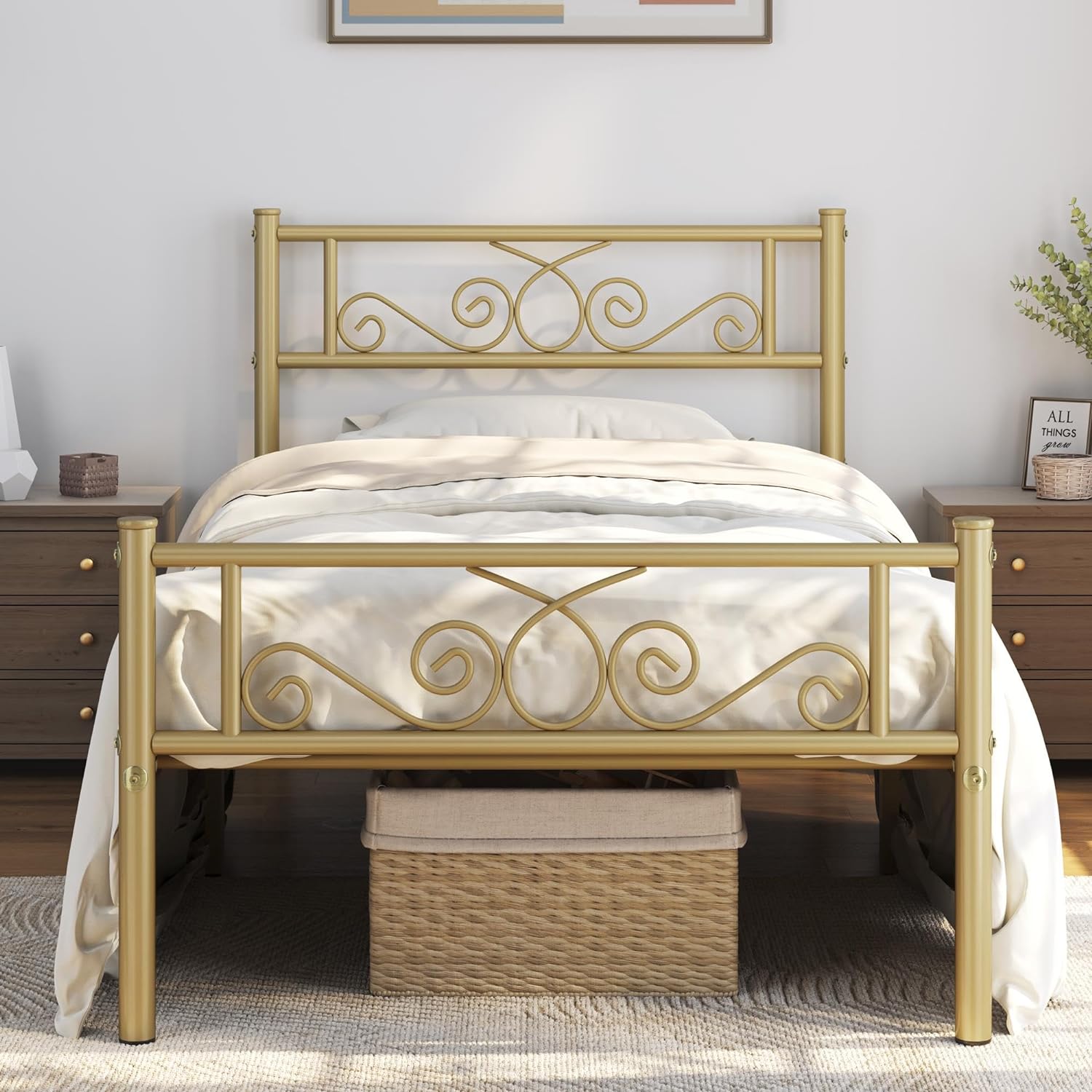 Yaheetech Twin Bed Frames Metal Platform Bed with Headboard and Footboard No Box Spring Needed Easy Assembly,Ground Clearance: 12.6''/Antique Gold/Twin Bed