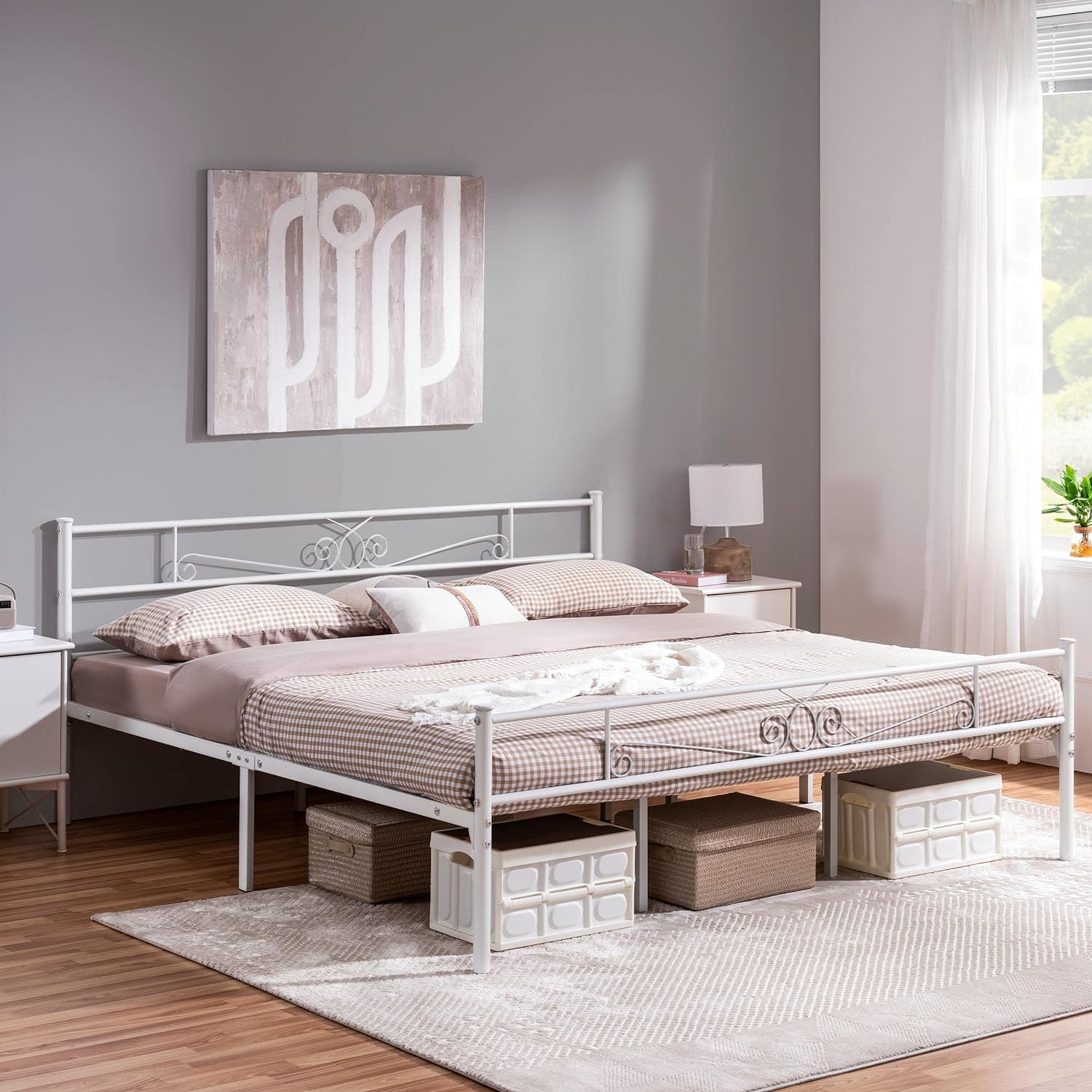 Yaheetech King Bed Frames Metal Graceful Scroll Platform Bed with Headboard and Footboard for Bedrooms No Box Spring Needed Easy Assembly, Ground Clearance: 12.6/White/King Bed