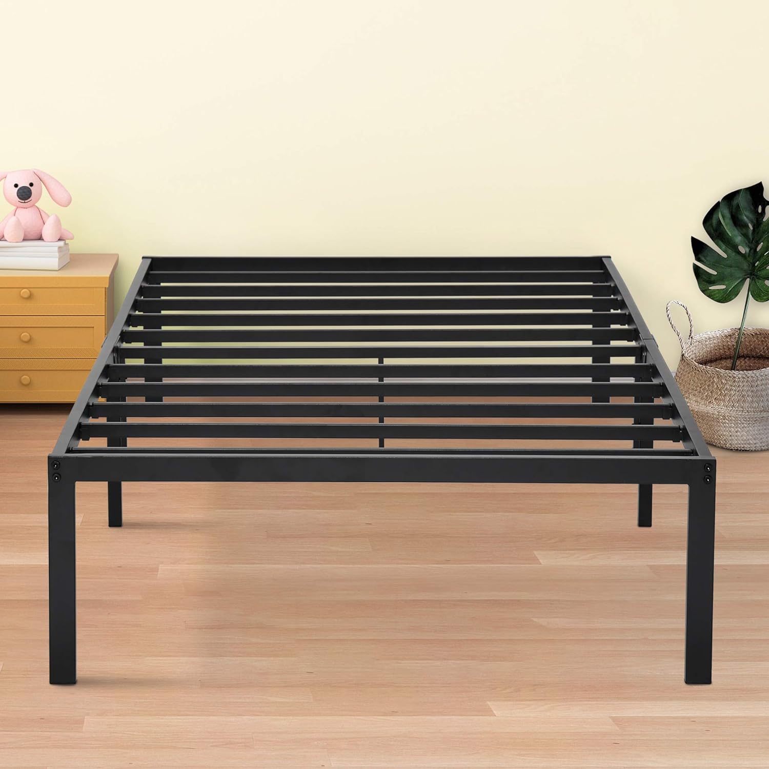 Olee Sleep 14 Inch Classic Metal Platform Bed Frame, Steel Slat Anti-Slip with Center Support, Steel Mattress Foundation, No Box Spring Needed, Black, Twin XL Size