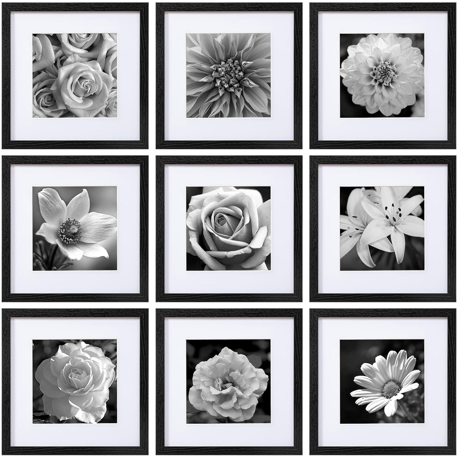 eletecpro 12x12 Picture Frames Set of 9 Classic Gallery Wall Frame Set Displays 8x8 Photo with Mat or 12x12 without Mat, Square Collage Wall Decor, Black Modern Home Decor for Hanging