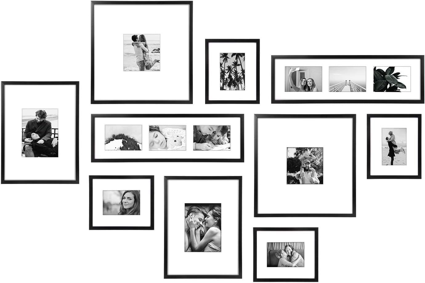 ArtbyHannah 10 Pieces Black & White Large Gallery Wall Frame Set, with Wood Frames and Family Photo Prints Collage for 14 Pic Hanging and Living Room Decoration, Multi-Size