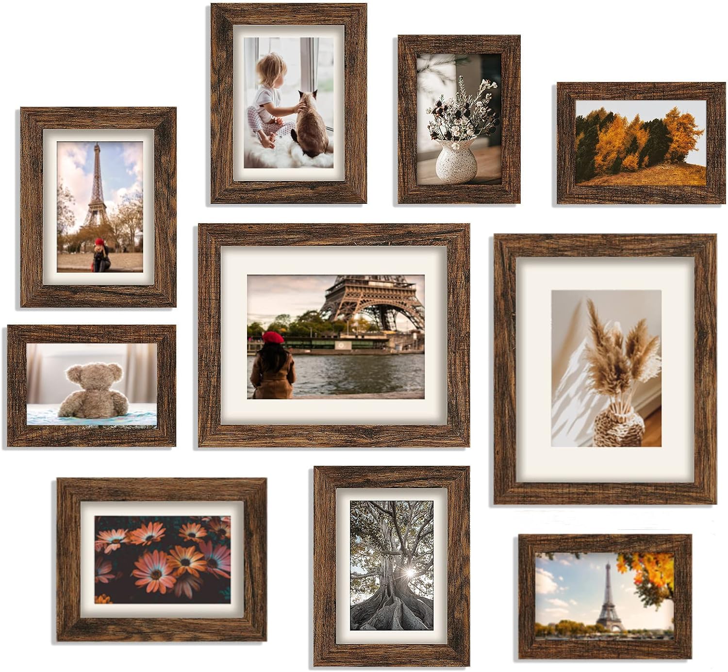 HAMITOR Picture Frames Set Wall Gallery: 10 PCS Family Photo Frames Set for Wall or Tabletop Decor Including Two 810 Four 57 Four 46 - Rustic Brown