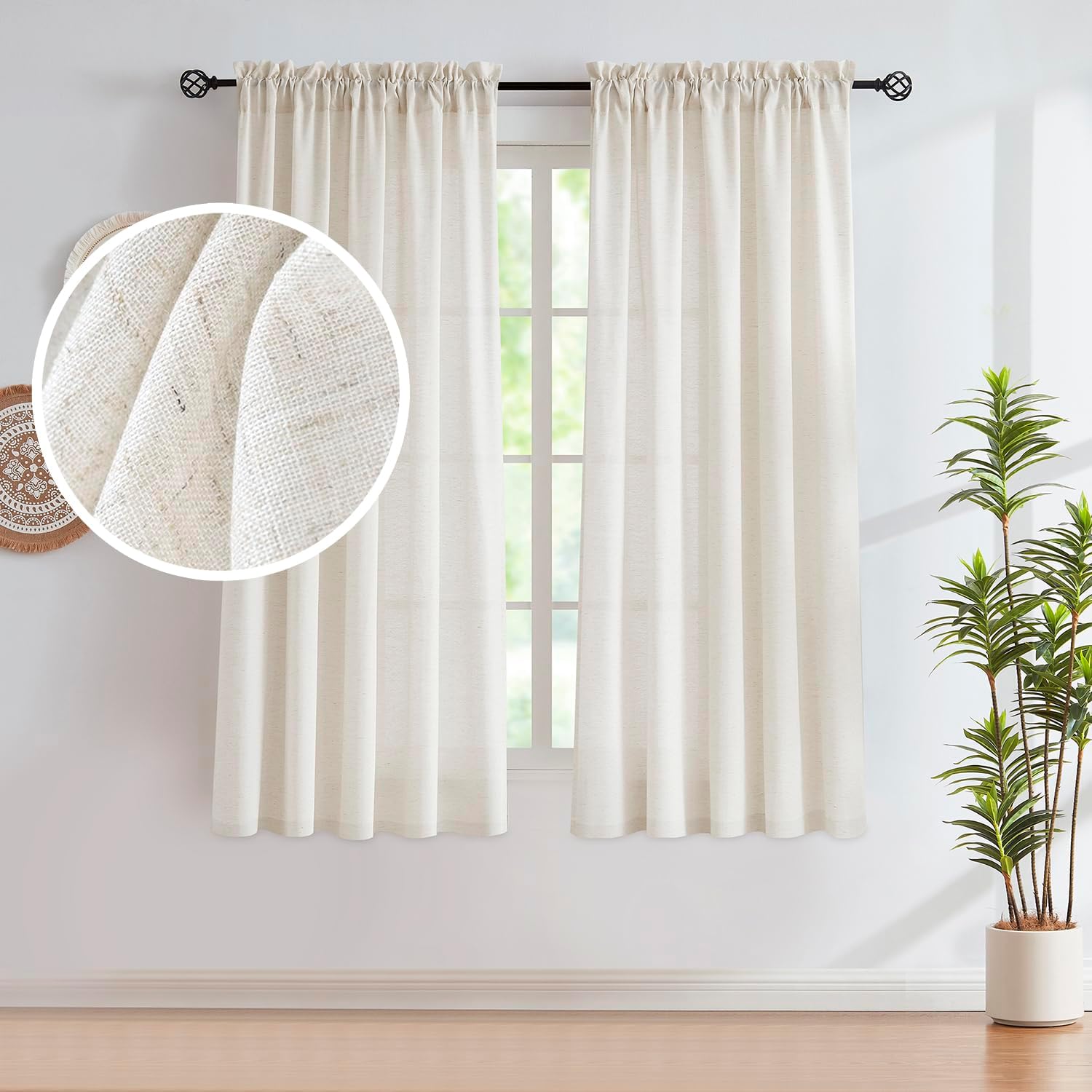 Flax Linen Curtains for Living Room 63 Inch Country Short Light Filtering Privacy Farmhouse Curtain Panels for Bedroom Rod Pocket Semi Sheer Window Drapes 52w Crude 2 Panels Natural Beige