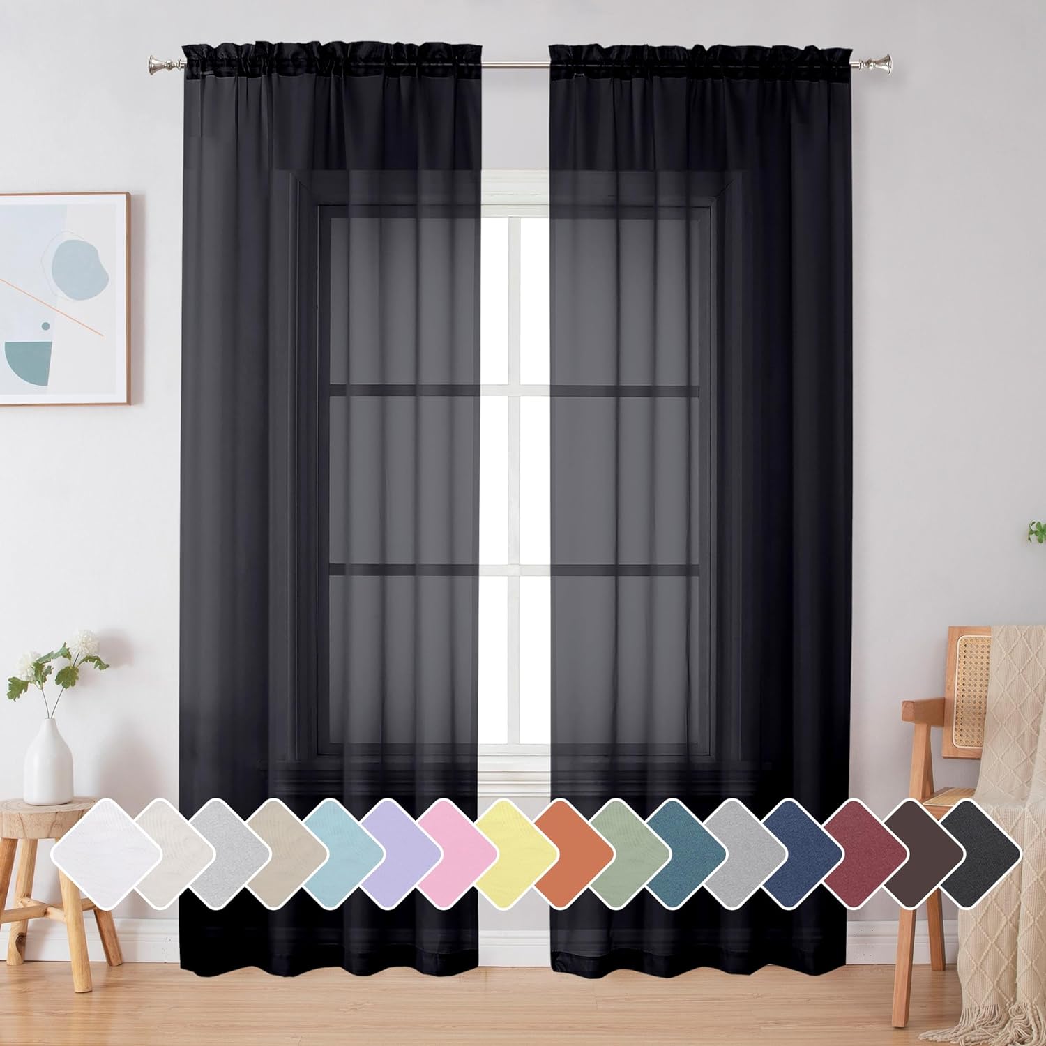 Black Sheer Curtains 84 Inches Long, Light Filtering Rod Pocket Solid Color Window Sheer Curtain Panels, Elegant Curtains & Drapes for Living Room, Bedroom 2 Panels (Black, 42 W x 84 L)