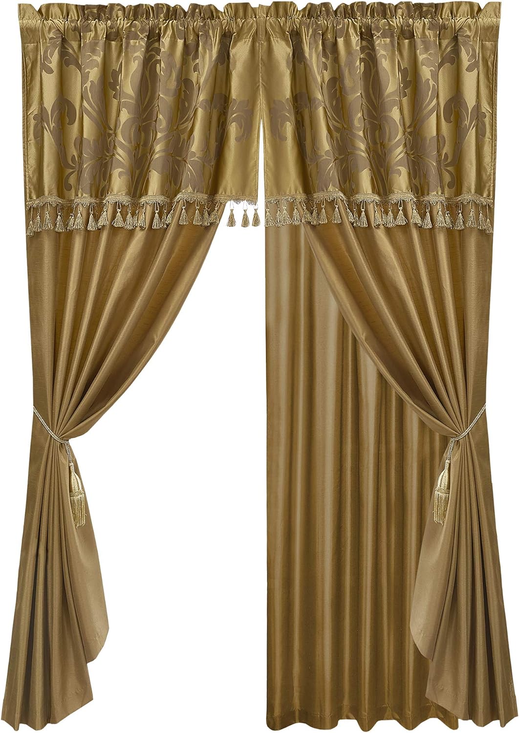 Chezmoi Collection Royale 4-Piece Jacquard Floral Window Curtain/Drape Set Sheer Backing Tassels Valance, Gold