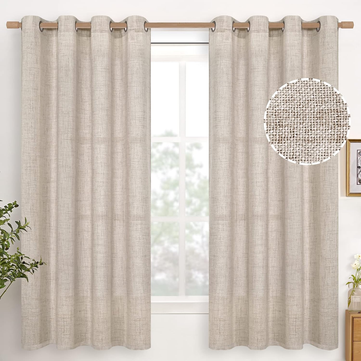 YoungsTex Natural Linen Curtains 63 Inch Length 2 Panels Bronze Grommet Linen Textured Curtains Light Filtering Window Drapes for Living Room Dining Room, 52 X 63 Inch