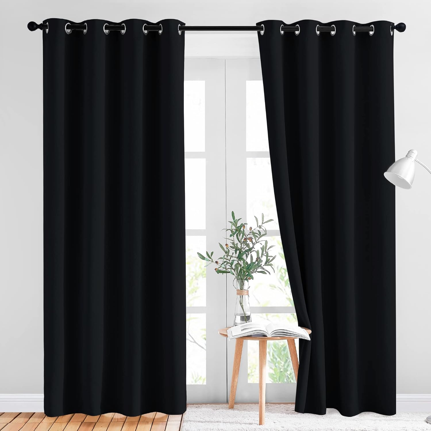 NICETOWN Black Blackout Curtains for Bedroom 84 inches Long - Light Reducing Thermal Insulated Solid Grommet Black Out Curtains/Panels/Drapes for Living Room (Set of 2, W52 x L84)