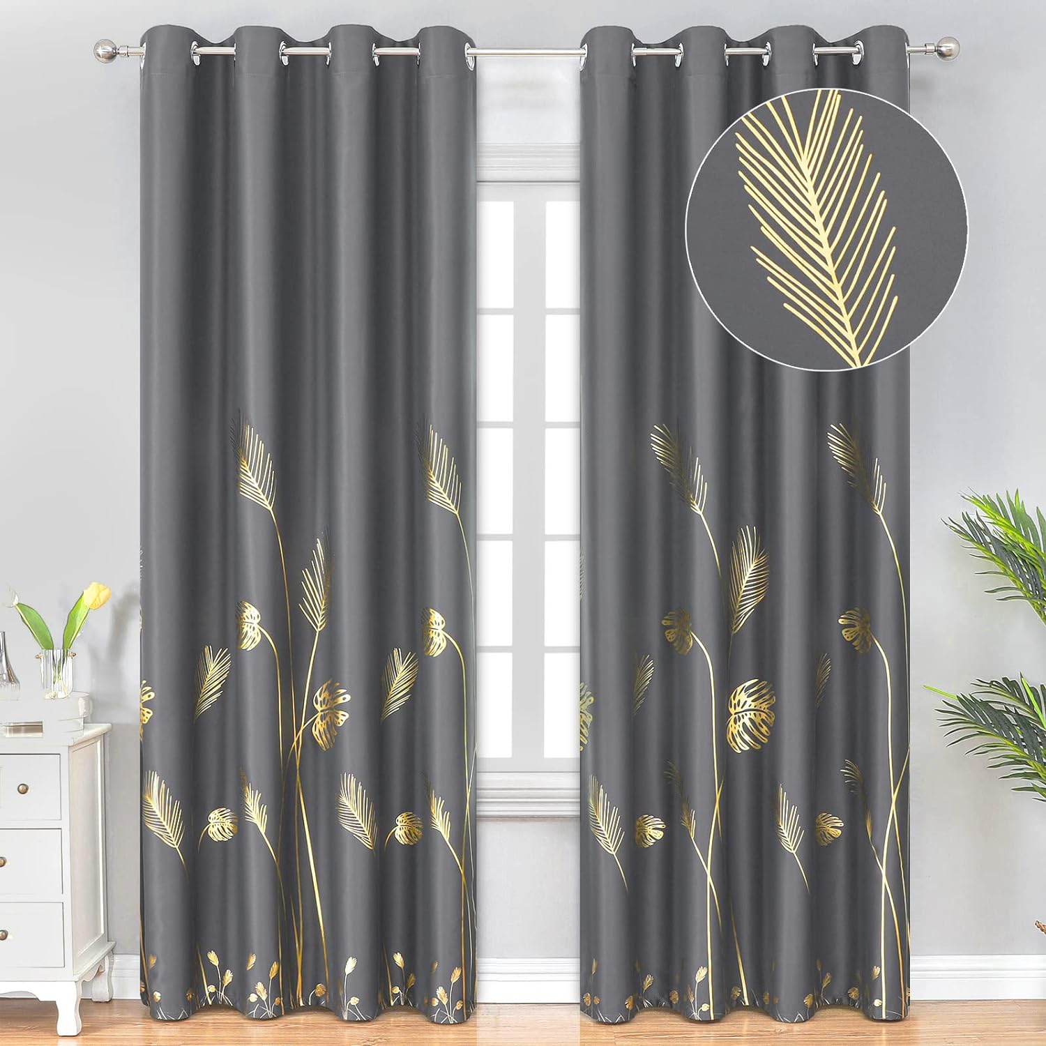 Estelar Textiler Blackout Curtains & Drapes 84 Inches Length 2 Panels Set for Living Room with Gold Palm Leaf Drapes for Bedroom, 52Wx84L, Dark Grey, 1Pair