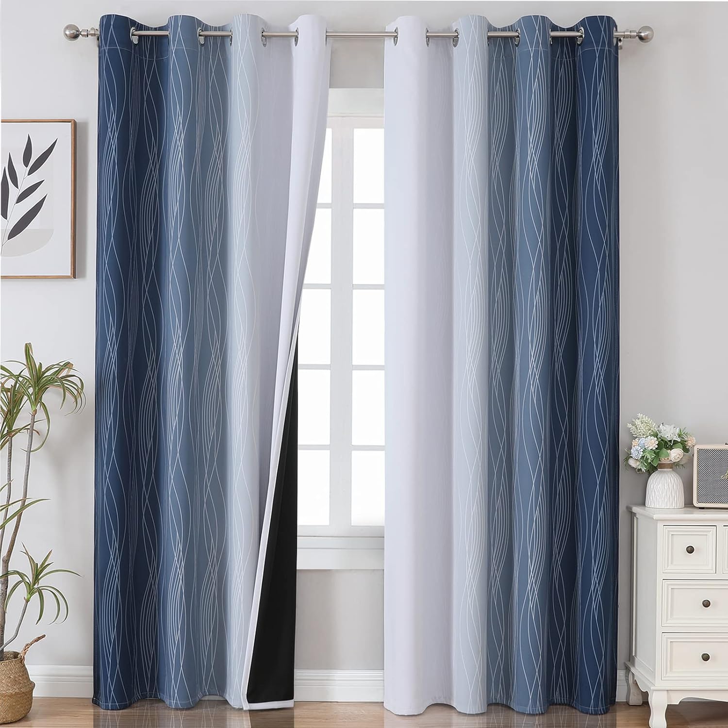 Estelar Textiler Navy Blue and Greyish White Blackout Curtains for Bedroom 84 Inches Long, Full Room Darkening Grommet Curtains for Living Room,Thermal Insulated Ombre Drapes,52Wx84L,2 Panels