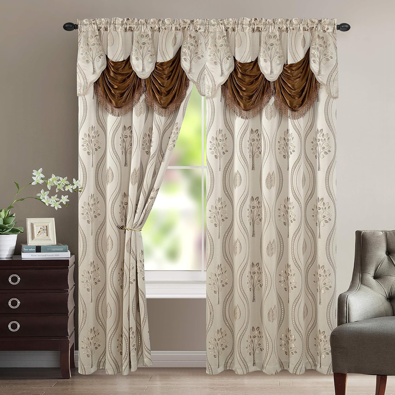 Elegant Comfort Luxurious Beautiful Curtain Panel Set with Attached Valance and Backing 54 X 84 inch (Set of 2), Beige