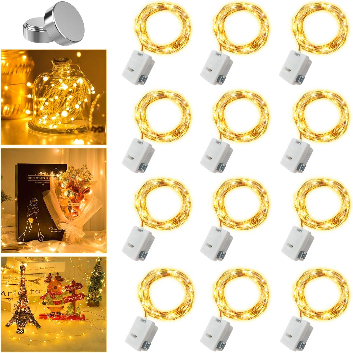 12 Pack Fairy Lights Battery Operated, 3 Speed Modes, Extra 12 Batteries for Replacement, 7Ft 20 LED Mini String Lights, Waterproof Copper Wire, Twinkle Firefly Lights for Christmas Decorations