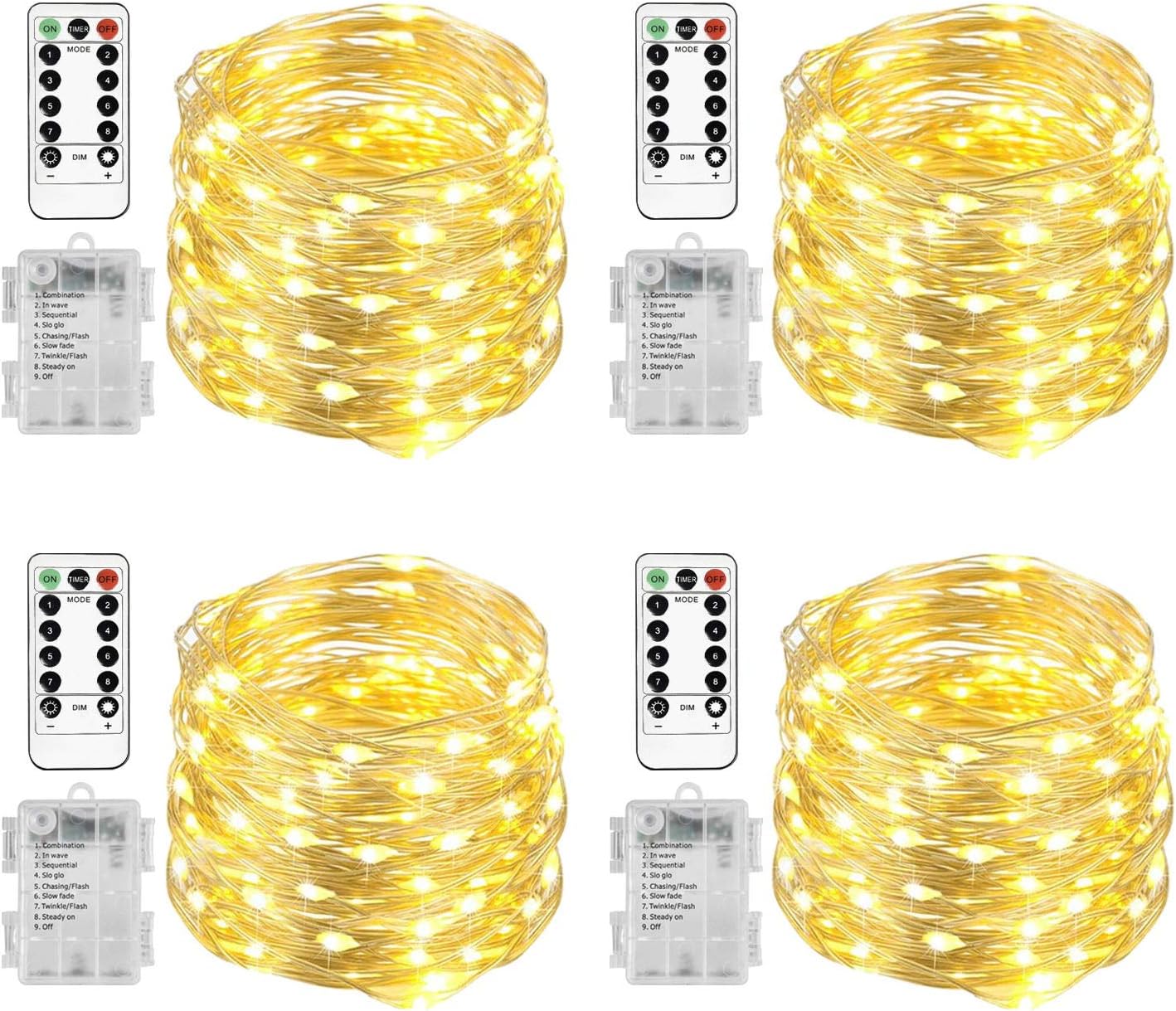 Homemory 4 Pack 20 Ft 60 LED Fairy Lights Battery Operated Christmas Lights with Remote Waterproof 8 Modes Firefly Twinkle String Lights for Party Bedroom Wedding Halloween Decorations