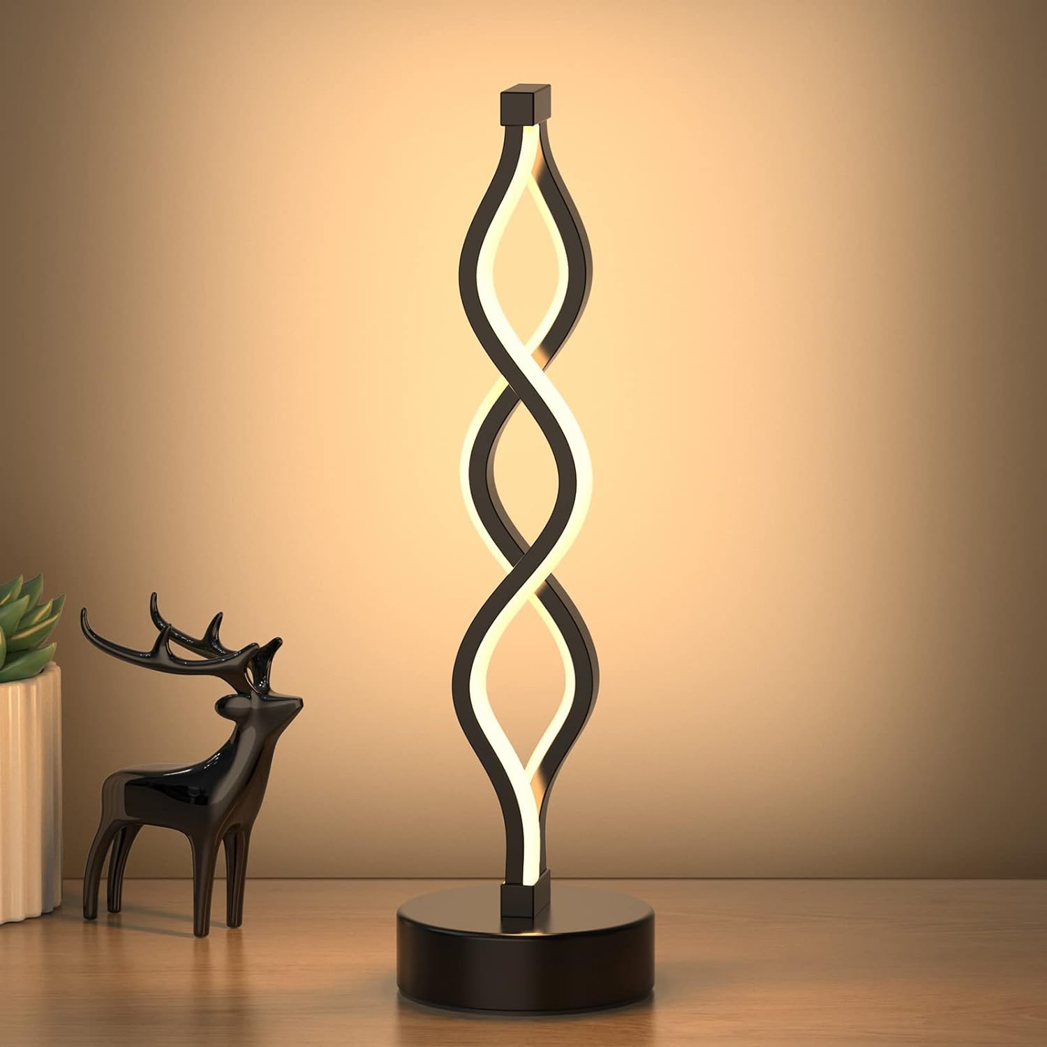 NUR Infinity Spiral LED Table Lamp Black, Dimmable Metallic Bedside Lamp with Touch Controller, 3 Colour Temperature, 15.8 Inch Height, Decorative Lamp for Home, Living Room