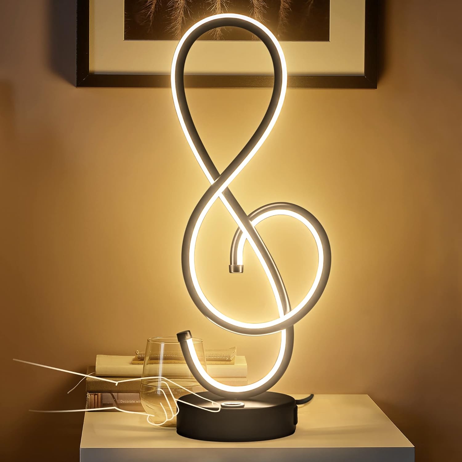 Modern Table Lamp, LED Bedside lamp with USB Port, Touch Stepless Dimmable Nightstand lamp, Unique Musical Note lamp for Bedroom Living Room Home Office, Spiral lamp for Ideal Gift, 14W, Black.
