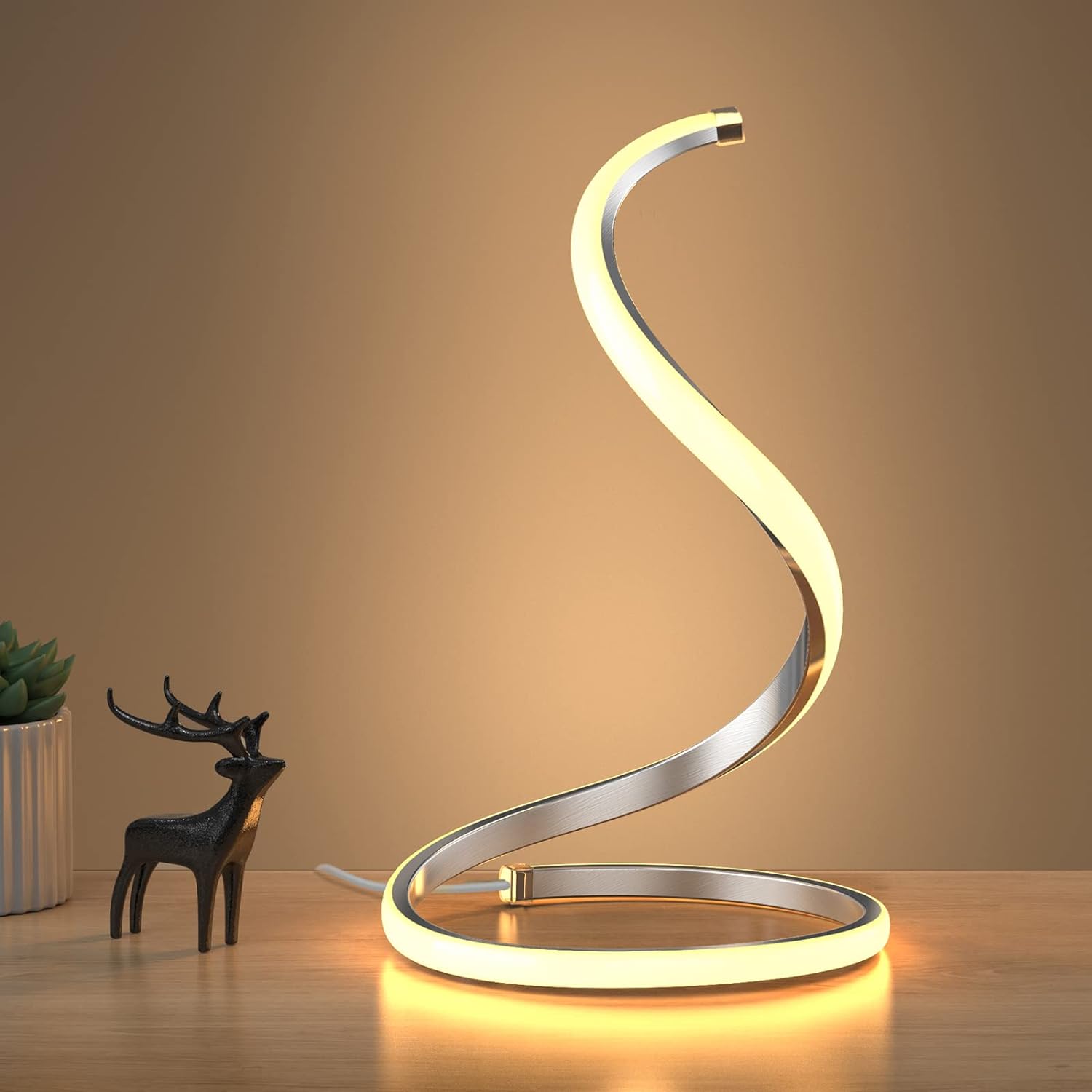 NUR Spiral Modern Bedside Lamp (Silver), Stepless Dimmable, 3 Color Temperature, Curved Art Decorative Nightstand/Table Lamp for Bedroom Living Room Office Home