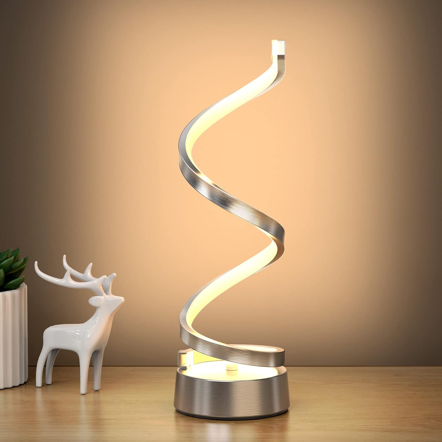 NUR Infinity Spiral LED Table Lamp, Dimmable Metallic Bedside Lamp with Touch Controller, 3 Colour Temperature, 15.8 Inch Height, Decorative Lamp for Home, Living Room & Office (Silver)