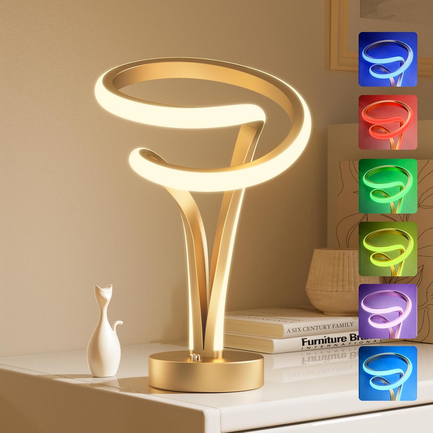 Spiral Table Lamp, 10 Light Modes Color Changing RGB Lamp, Decorative Lamp, Touch Control Dimmable LED Nightstand Lamp, Unique Gold Bedside lamp for Living Room/Bedroom