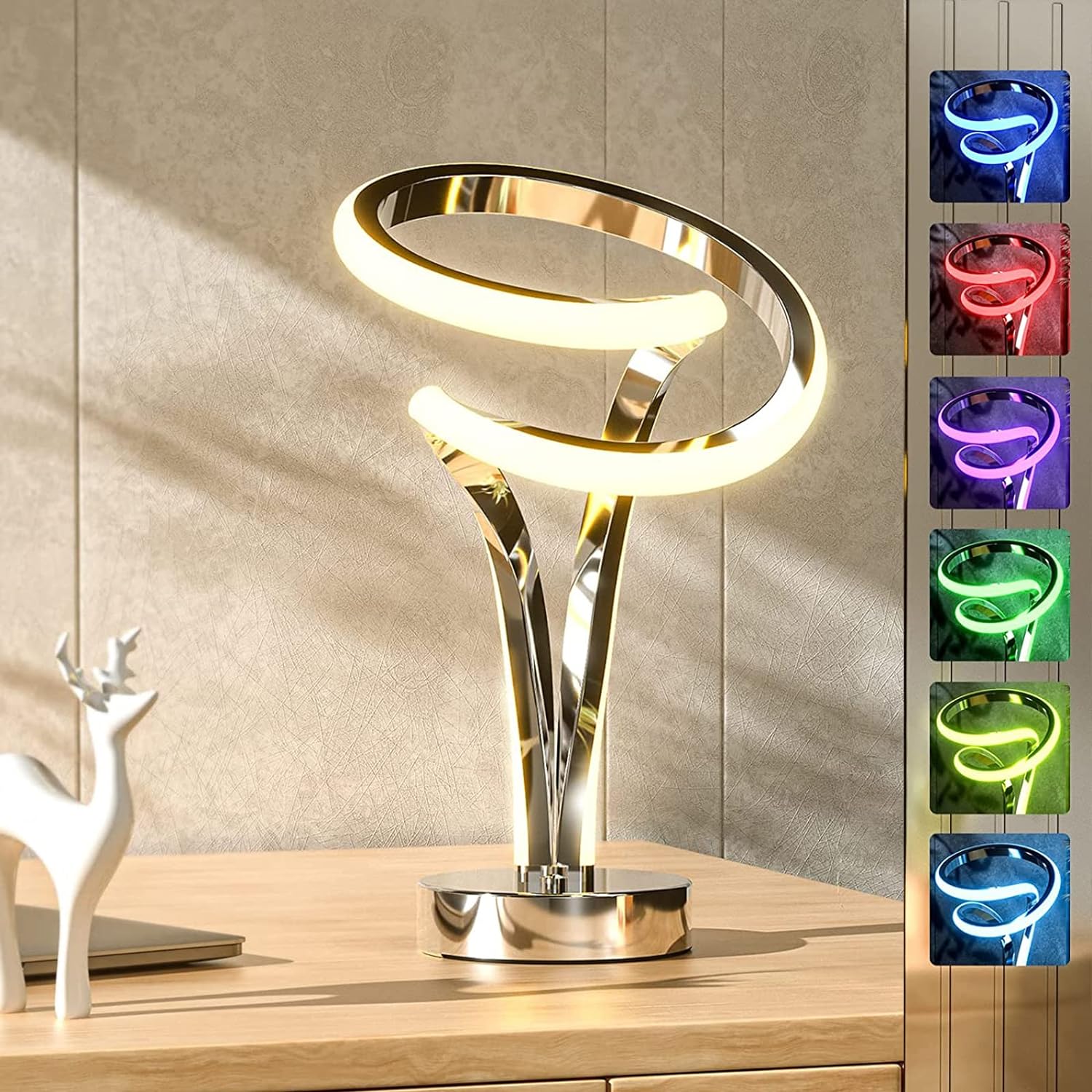 Modern Spiral RGB Table Lamp, Touch Dimmable LED Nightstand Lamp, 10 Light Modes Bedroom/Unique Lamps for Home Decor Living Room Bedroom Office, Cool Lamps for Ideal Gift, Silver