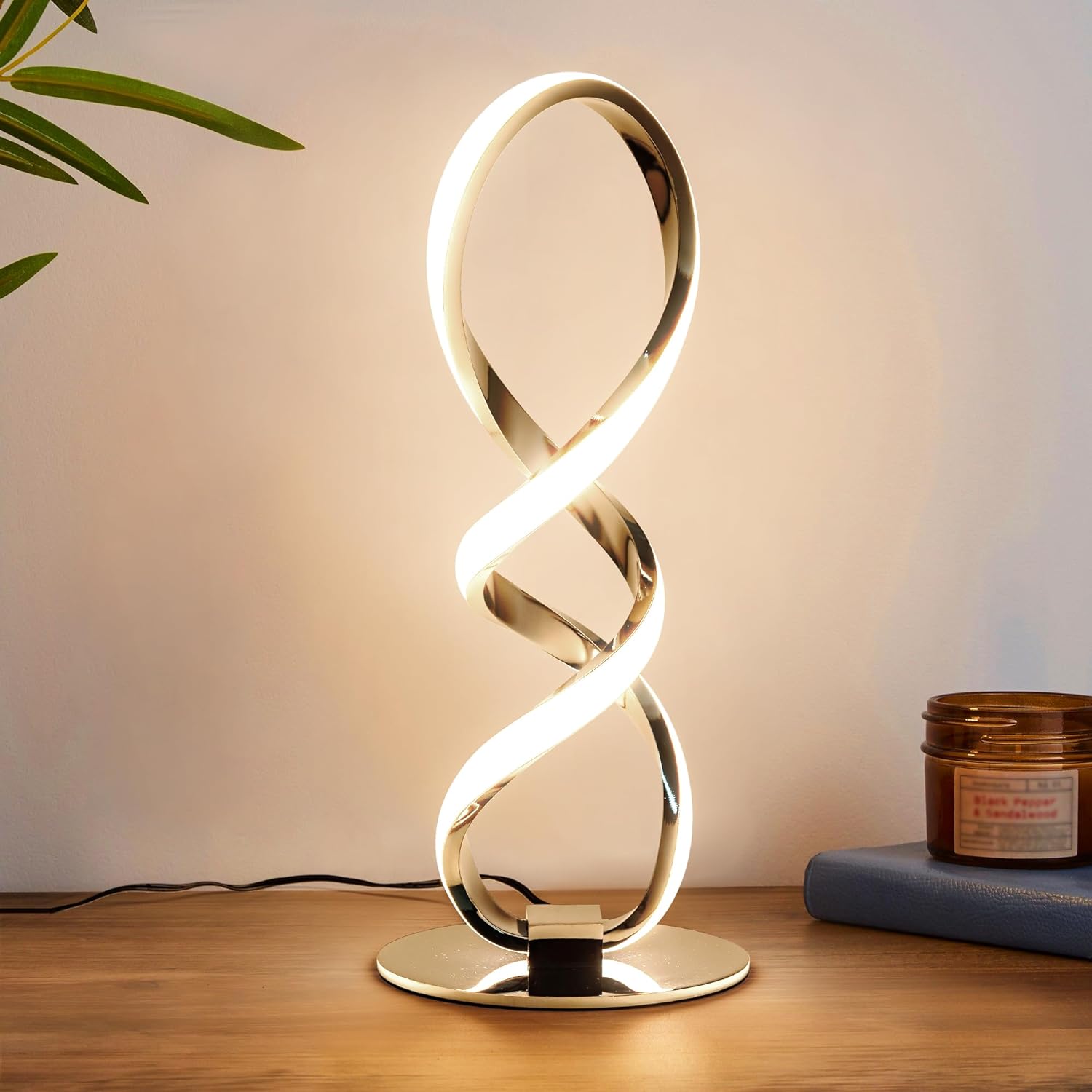 LED Modern Table Lamp, Small Unique Bedside Spiral Lamp Stepless Dimmable Silver Nightstand 12W, 3200K Warm White Desk Lamp, Side Table Lamp for Living Room Bedroom