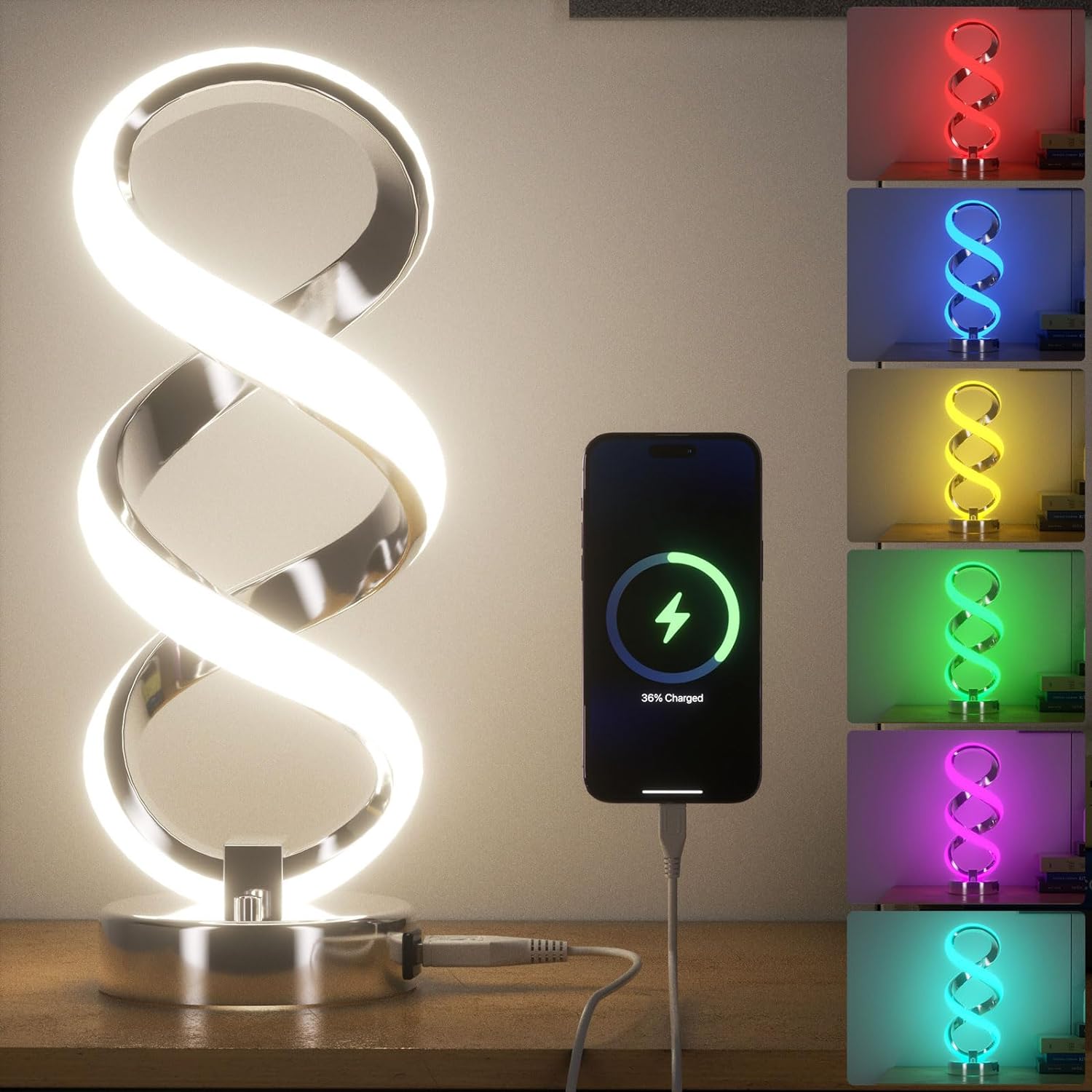 Modern Spiral Table Lamp, with USB Port Touch Control Dimmable RGB Lamp, Bedside lamp with 7 colors and 10 light modes, Unique Nightstand Lamp for Living Room, Bedroom, decorative lamp for Ideal Gift