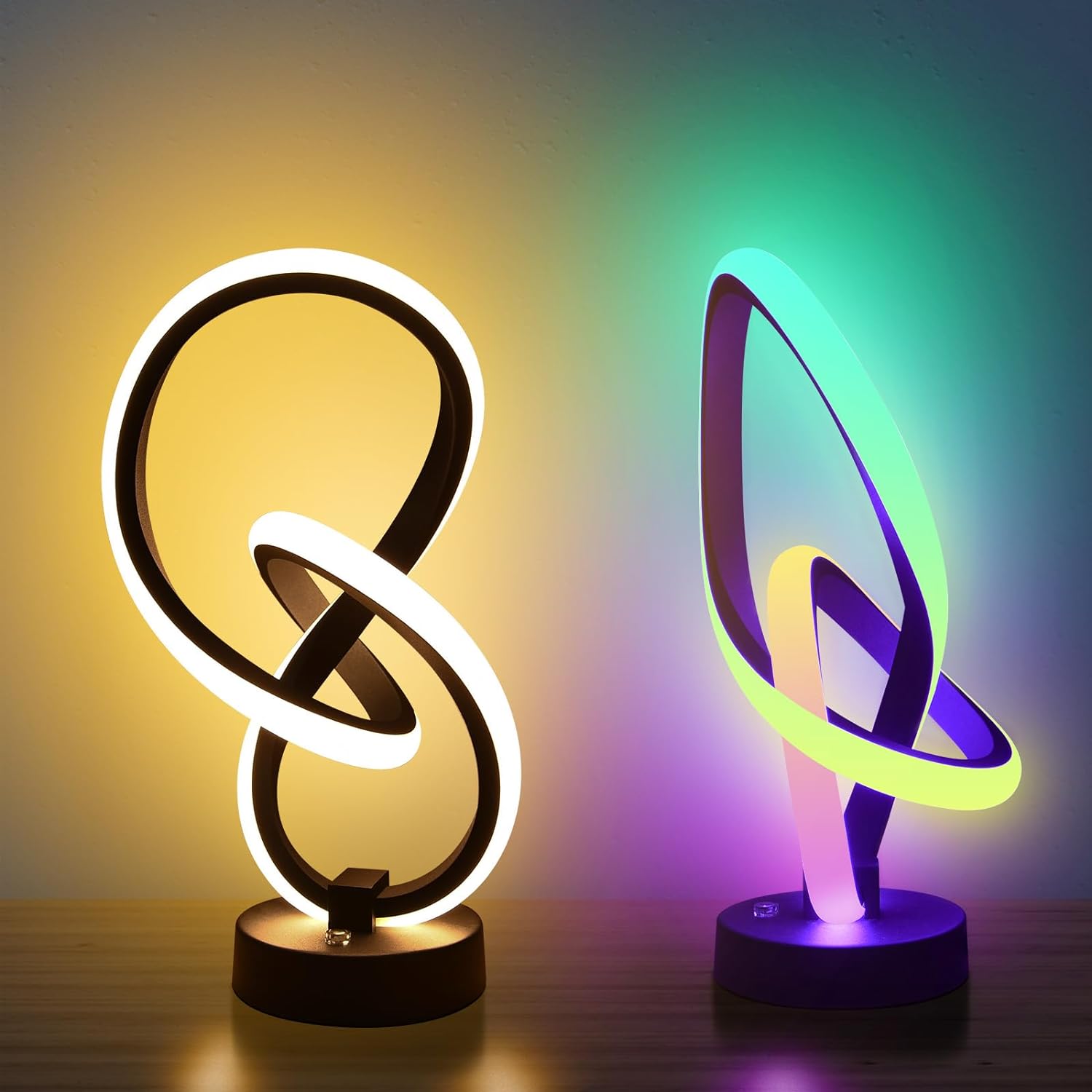 Vocevos Modern Table Lamps 11'' Funky RGB Desk Lamp Spiral,Ambient Bedside Lamp Touch Cool Led Lamps for Living Room 3-Way Dimmable 10 Modes,Unique Nightstand Lamps Gifts