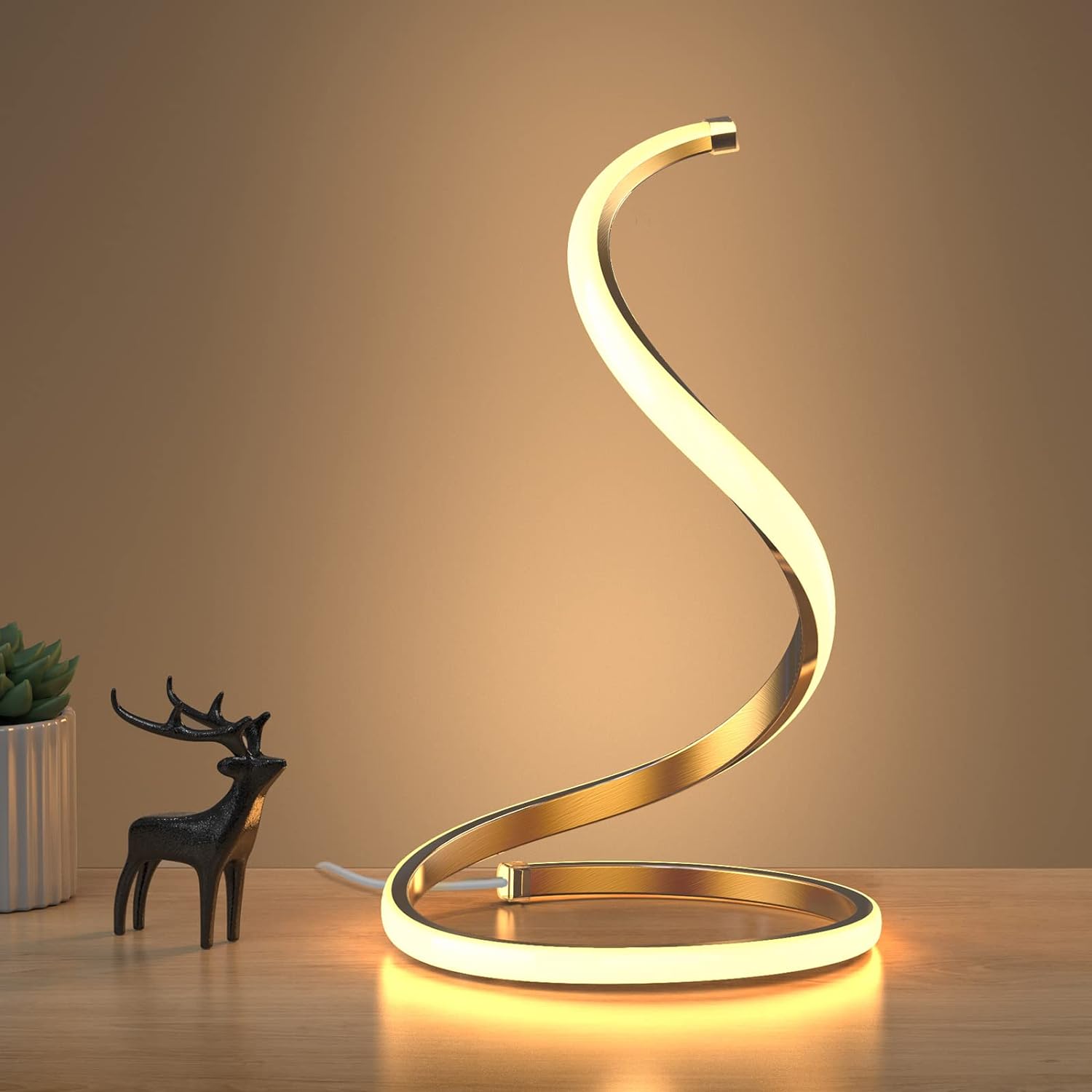 NUR Spiral LED Table Lamp, Modern 3 Colors Dimmable Desk Lamp with Minimalist Lighting Design & Touch Controller, Creative Stylish Smart Lamp for Bedroom, Office, Home (Gold)